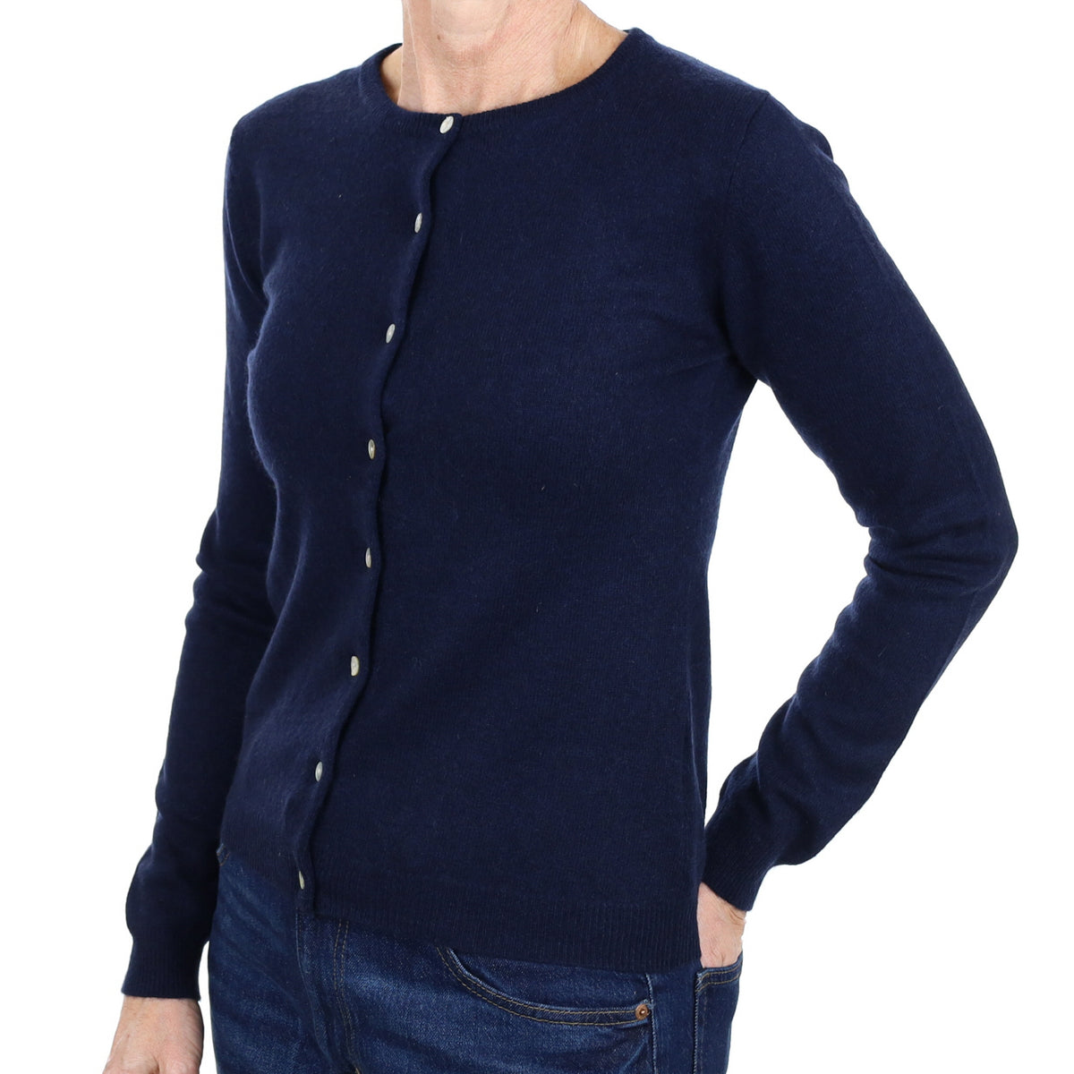 Navy Blue Cashmere Crew Neck Cardigan Small