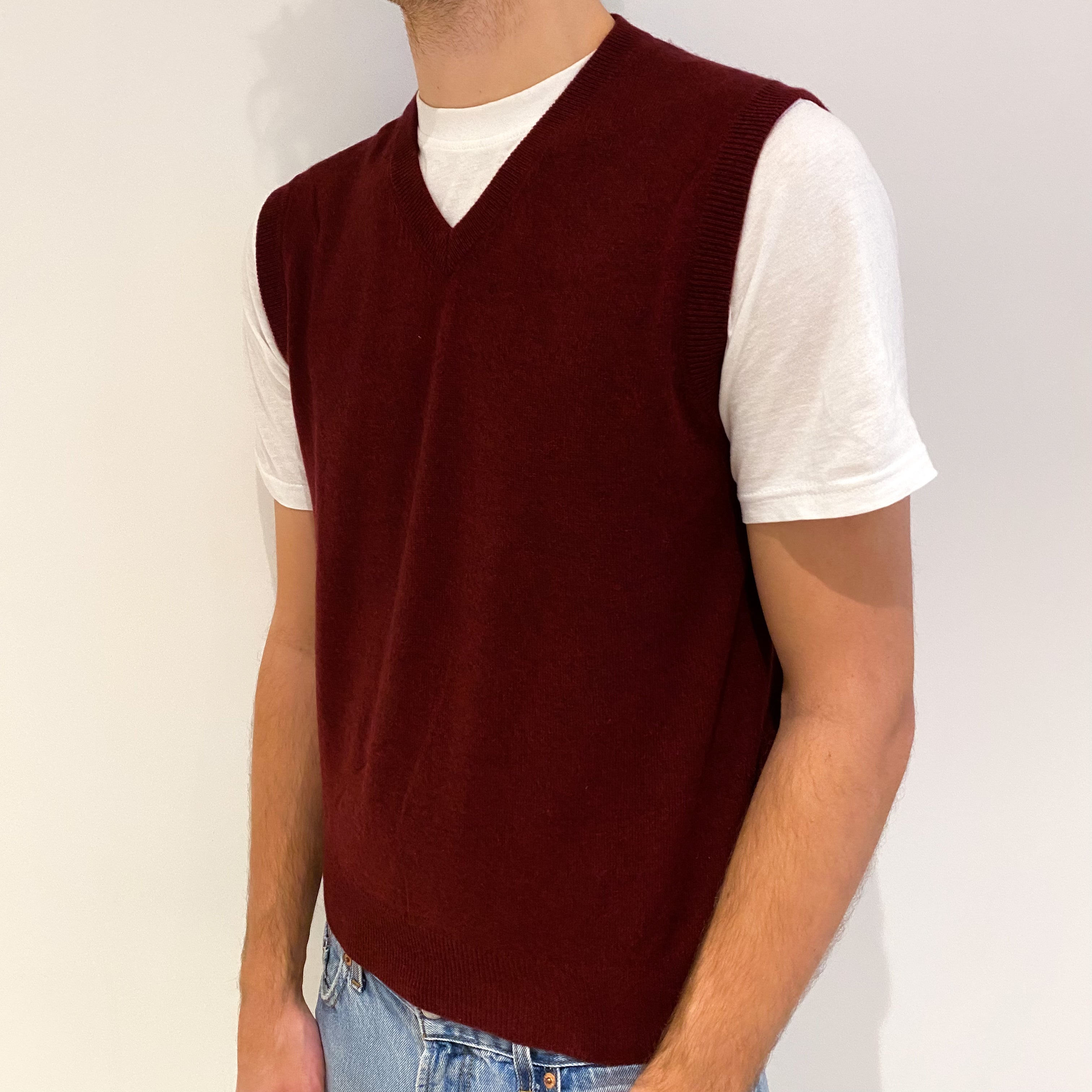 Men's Wine Red Cashmere V Neck Tank Top Large
