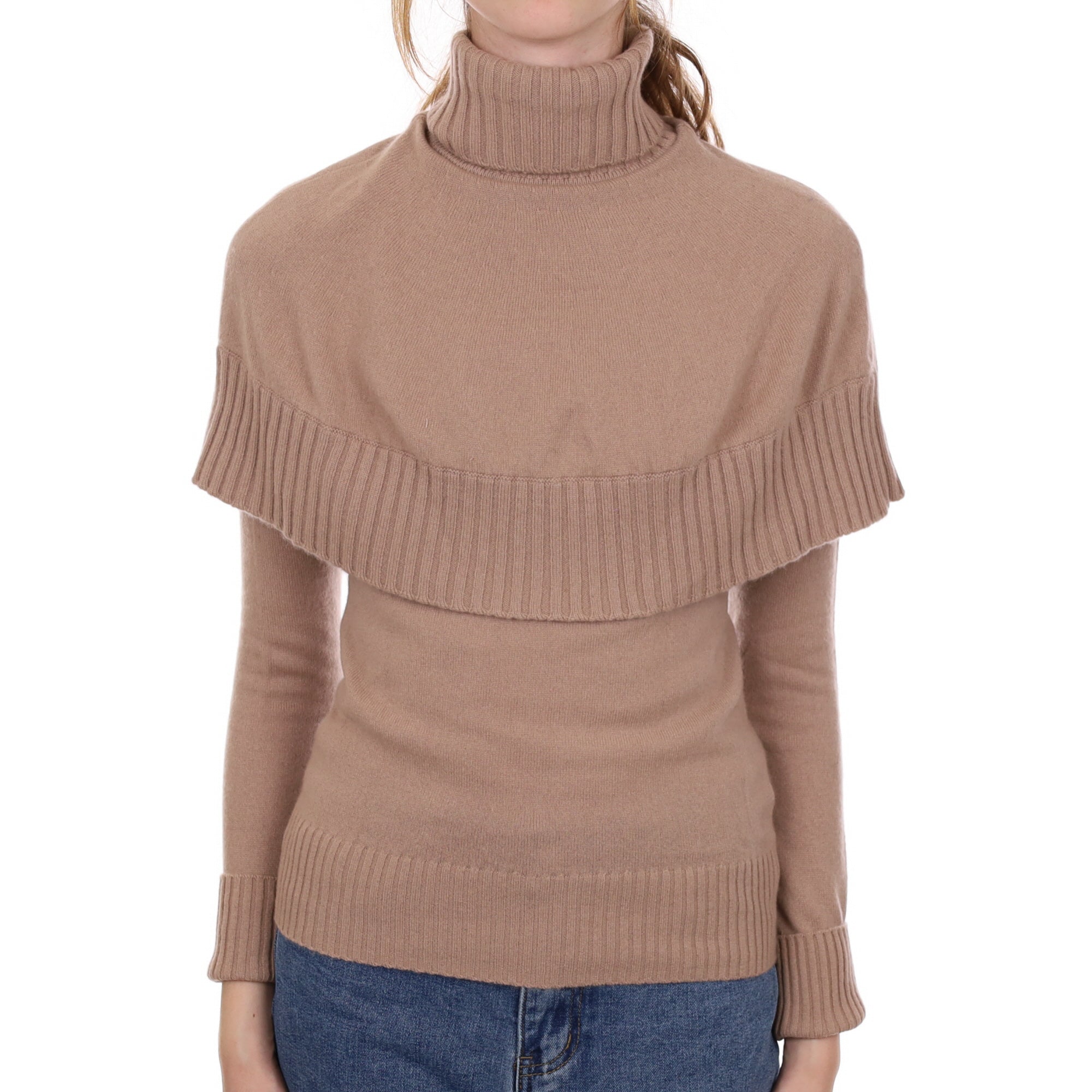 Fudge Brown Cashmere Polo Neck Jumper with Cape Extra Small
