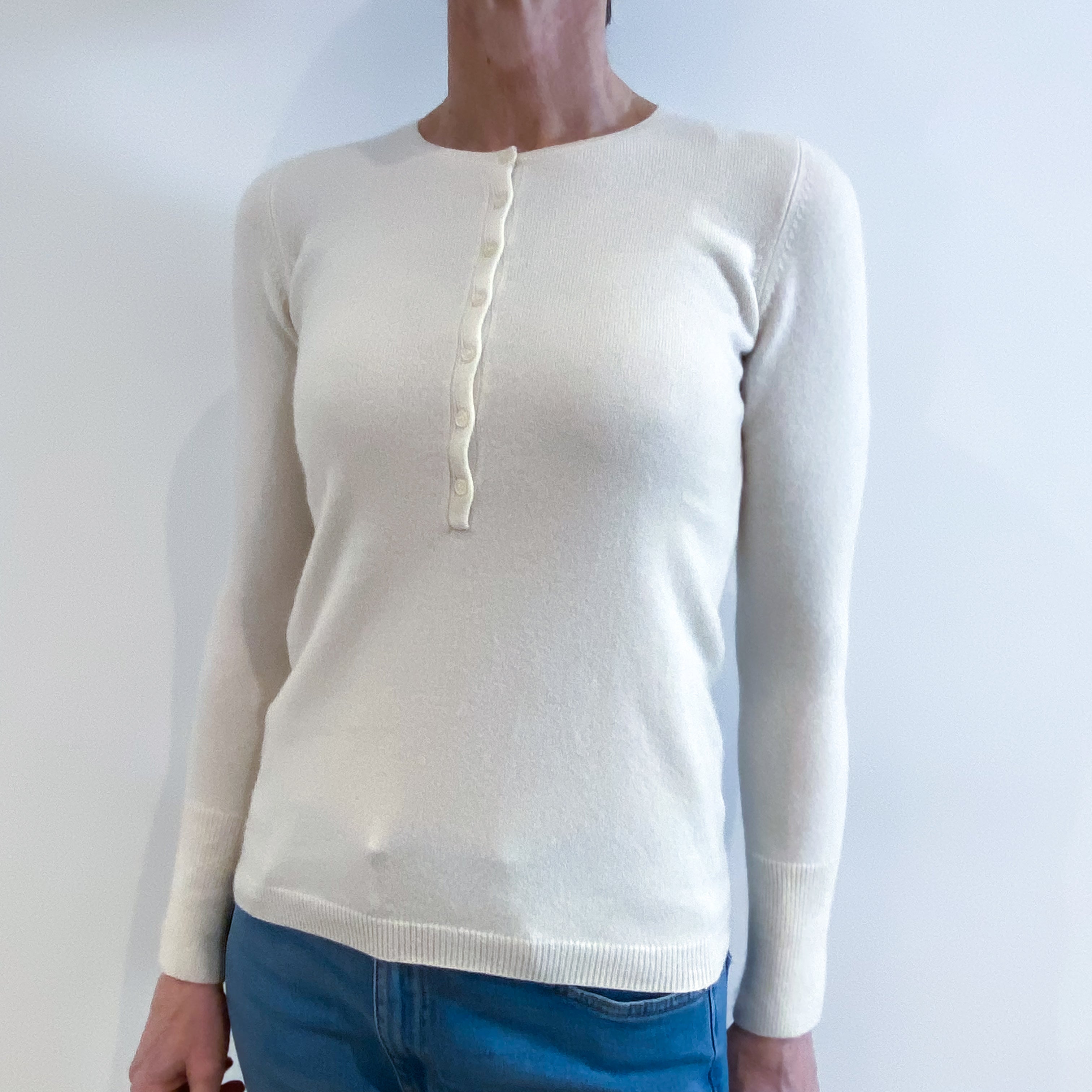 Ivory Cream Cashmere Buttoned Crew Neck Jumper Small