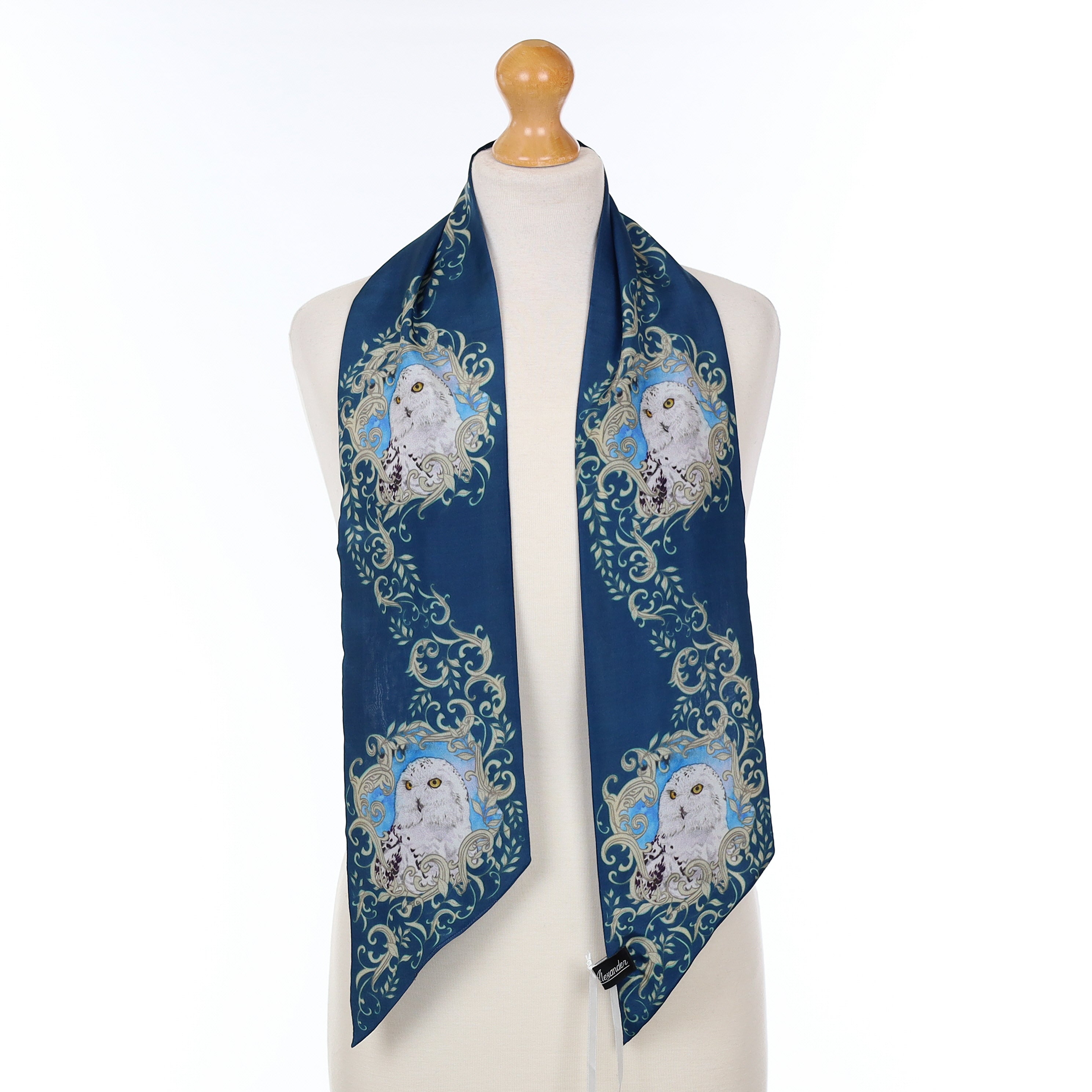 Brand New Petrol Blue Owl Silk Pussy Bow