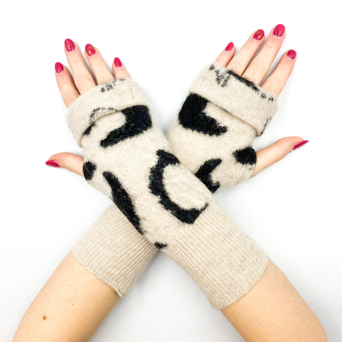 Oatmeal and Black Patterned Fingerless Gloves