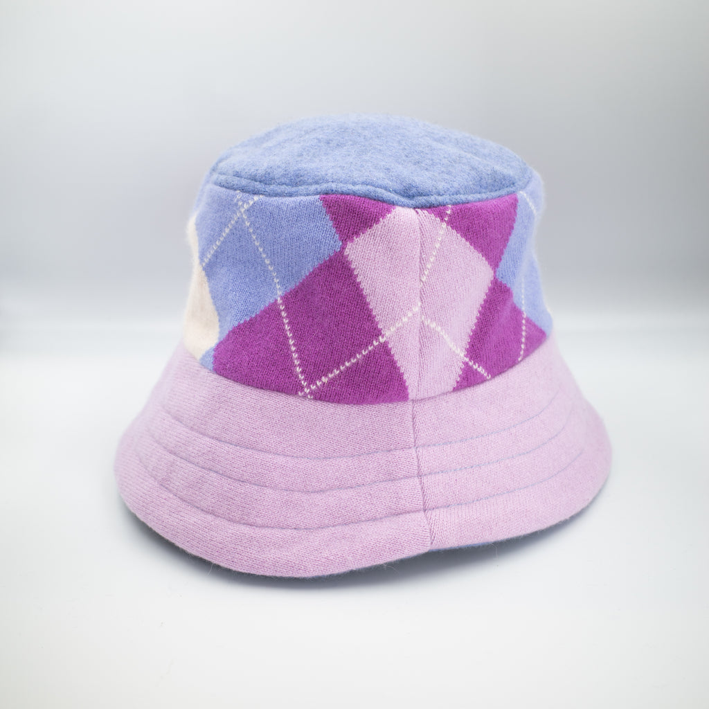 Lavender Purple Argyle Reversible Cashmere Bucket Hat Large