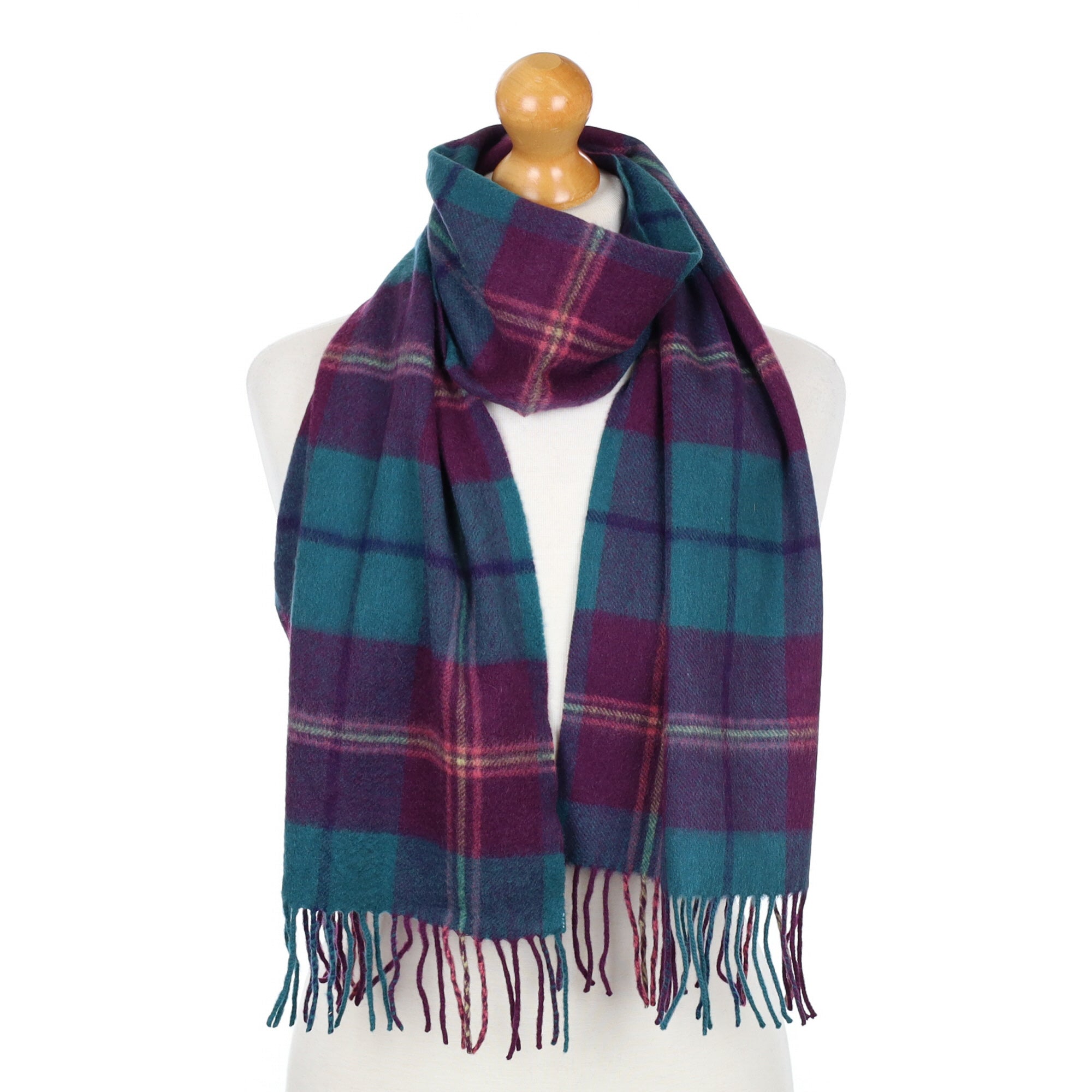 Teal and Purple Checked Fringed Cashmere Woven Scarf