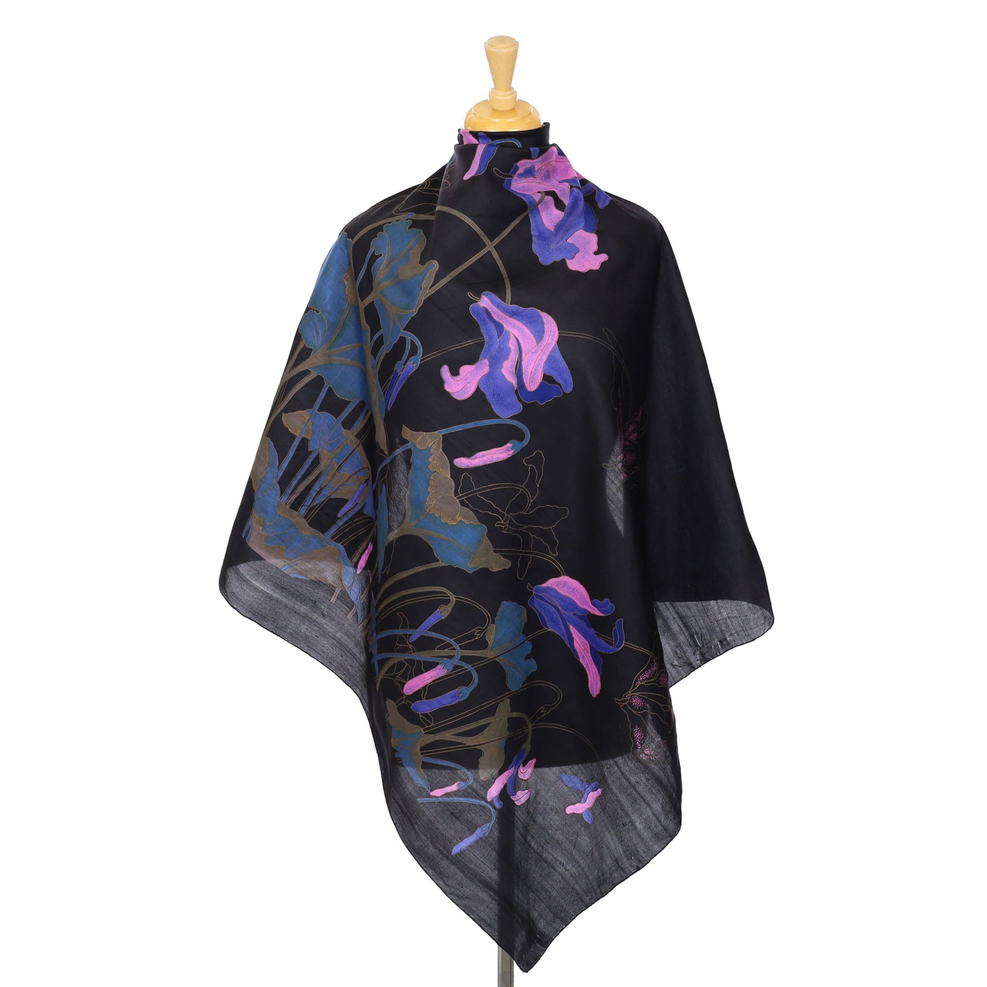 Thai Black Flower Design Silk Scarf