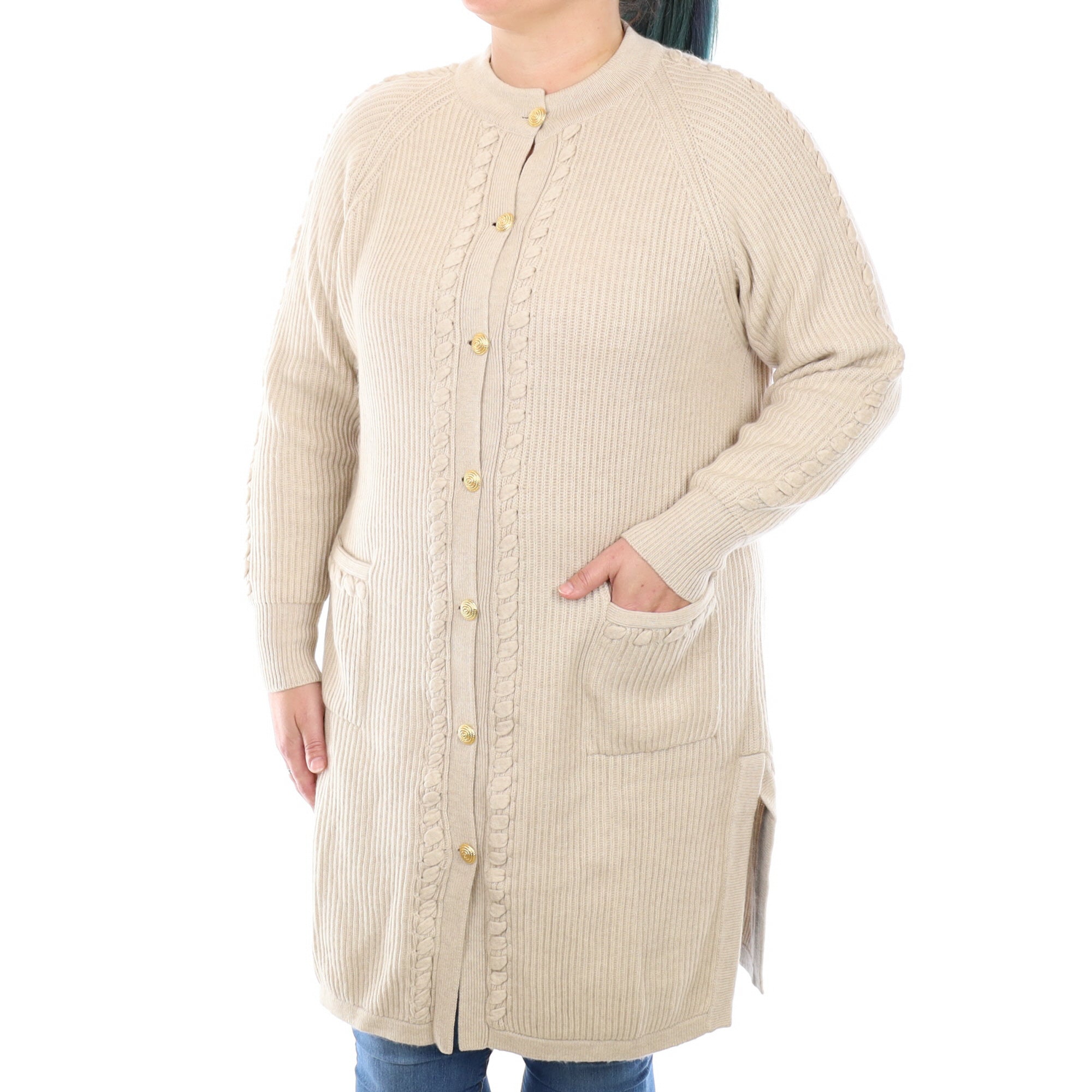 Honey Beige Chunky Cashmere Longline Cardigan with Pockets Large