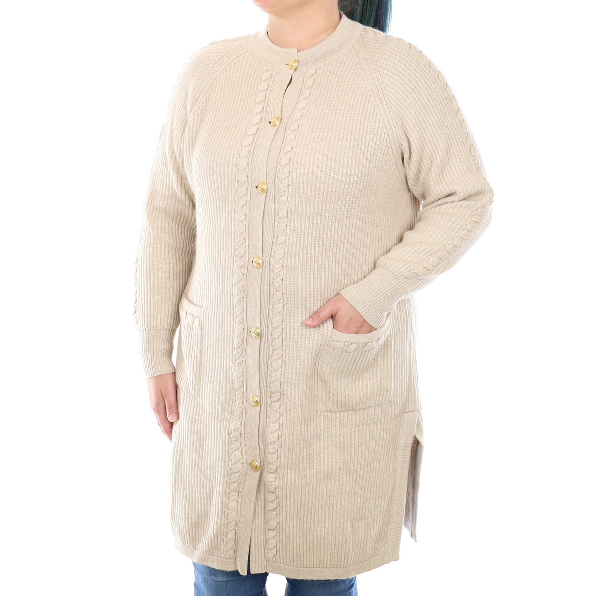 Honey Beige Chunky Cashmere Longline Cardigan with Pockets Large