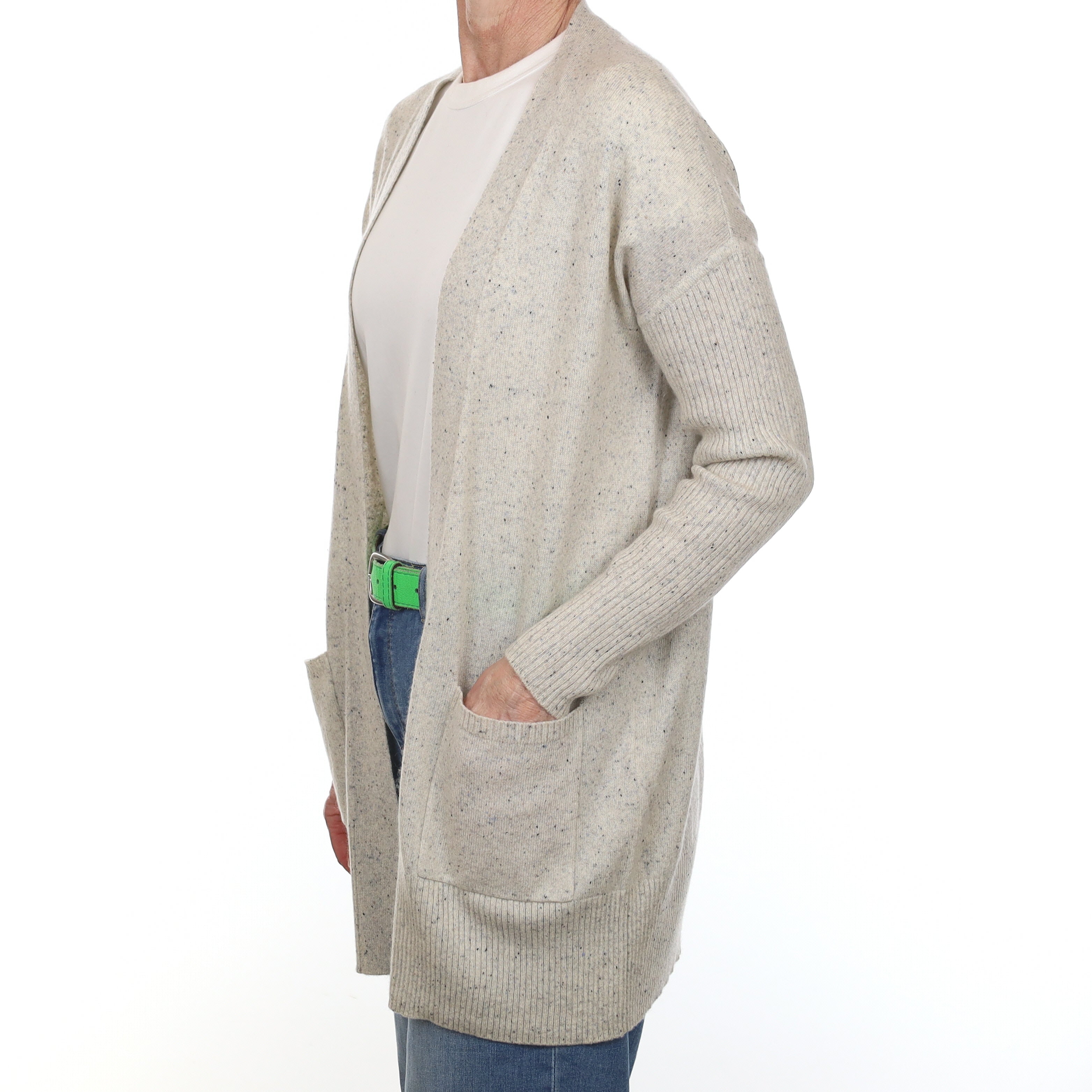 Grey Flecked Cashmere Edge to Edge Cardigan with Pockets Small