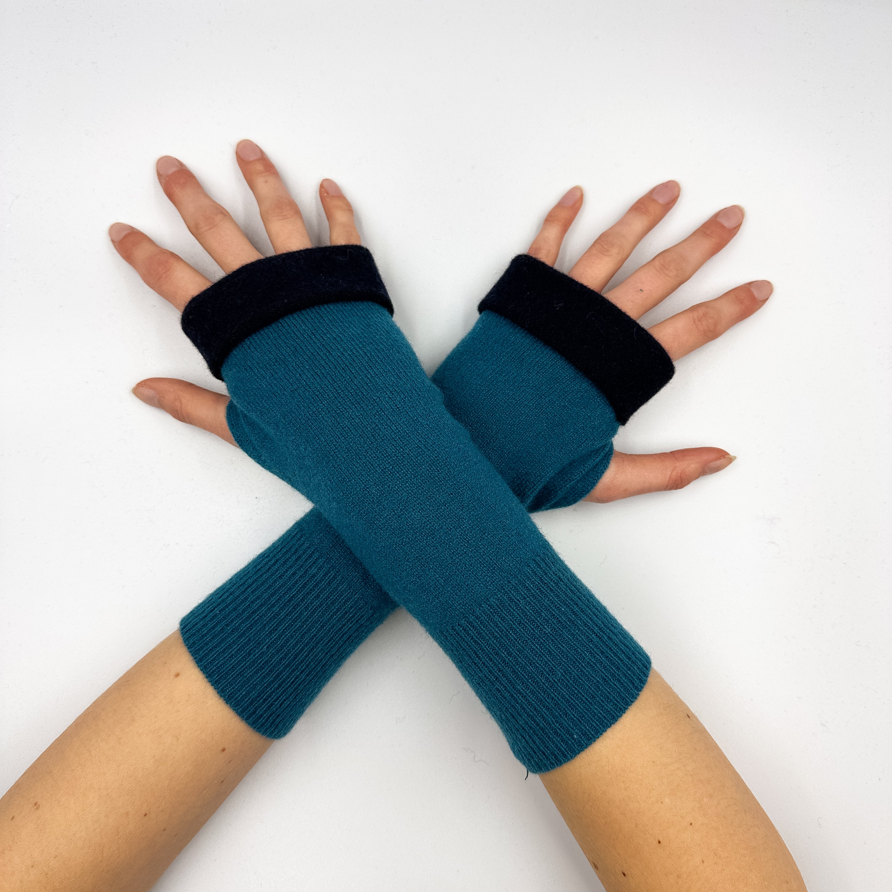 Peacock Blue and Navy Fingerless Gloves