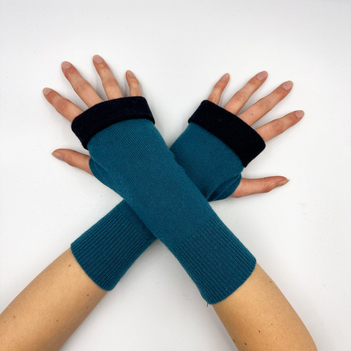 Peacock Blue and Navy Fingerless Gloves