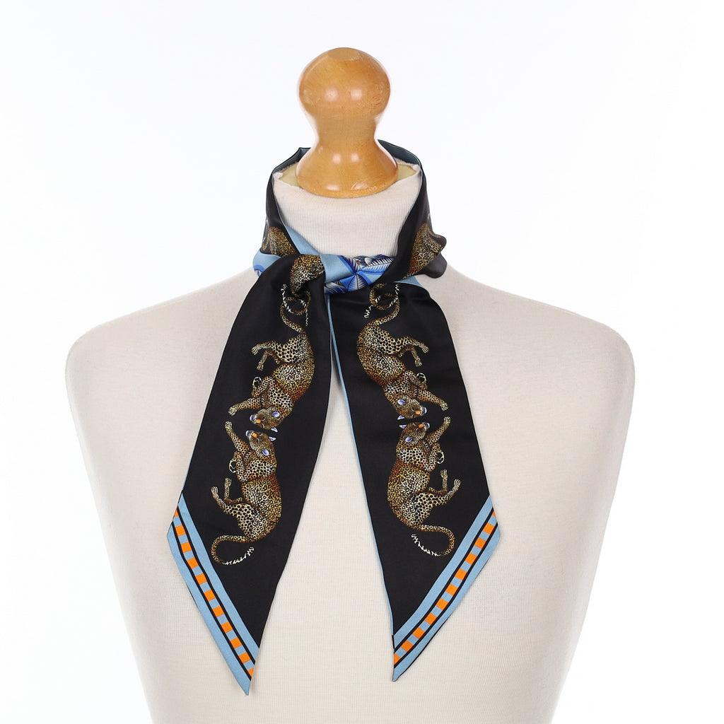 Brand New Bellezza Black & Blue Leopard Tropical Double Faced Silk Twilly