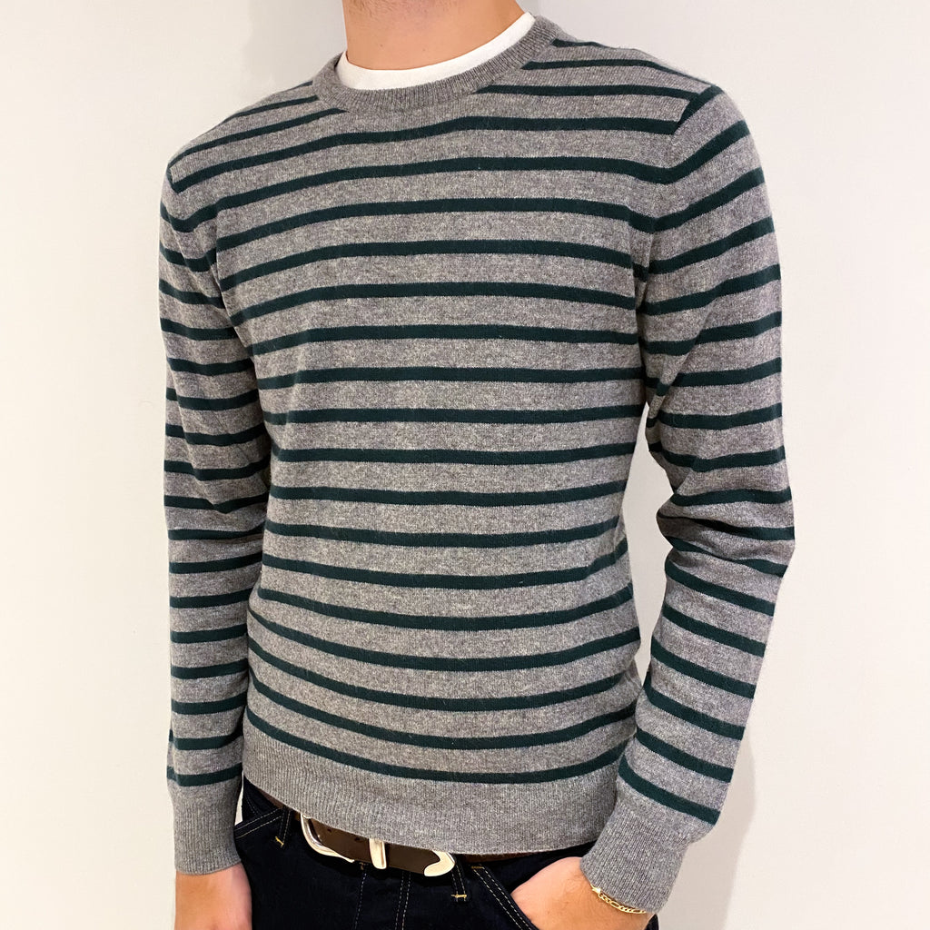 Men's Grey and Green Stripe Cashmere Crew Neck Jumper Medium