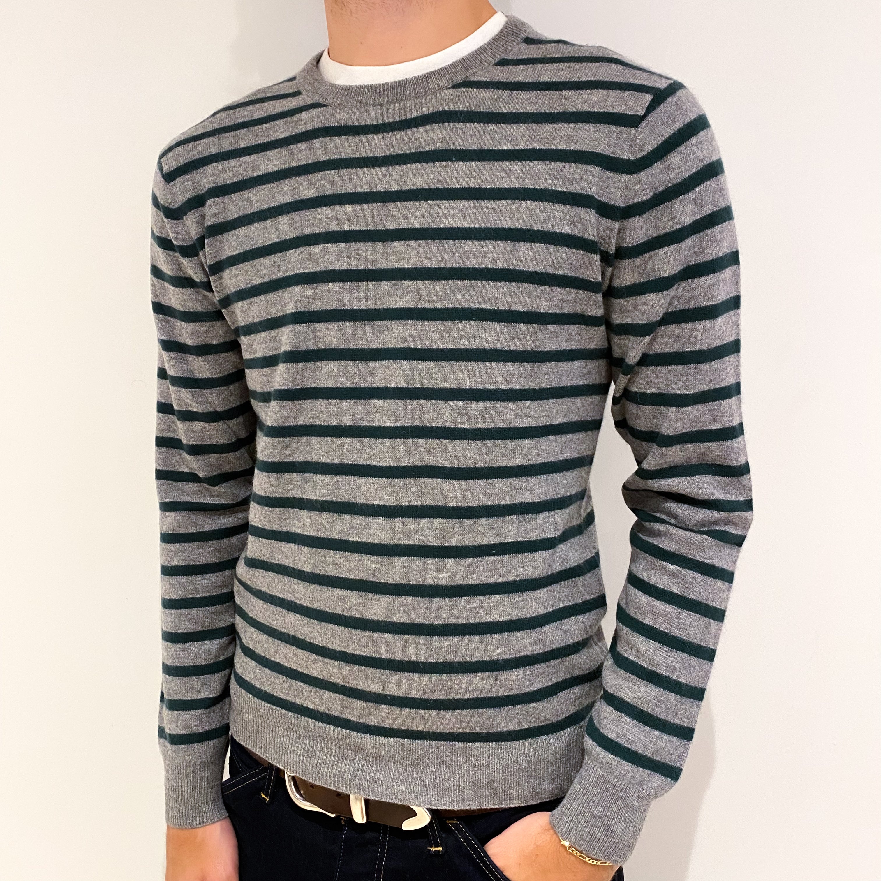 Men's Grey and Green Stripe Cashmere Crew Neck Jumper Medium