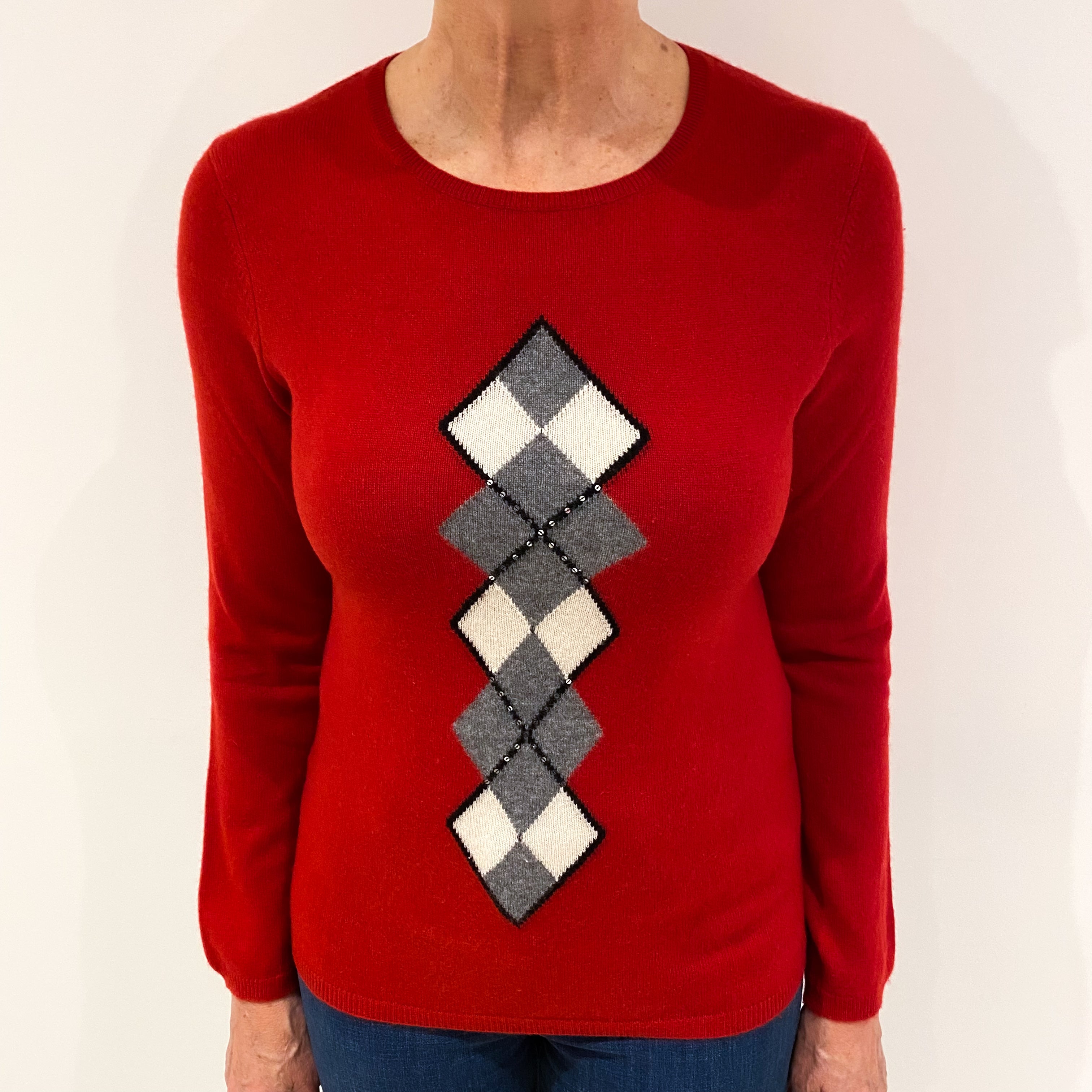 Scarlet Red Cashmere Crew Neck Jumper with Grey Diamond Pattern Medium