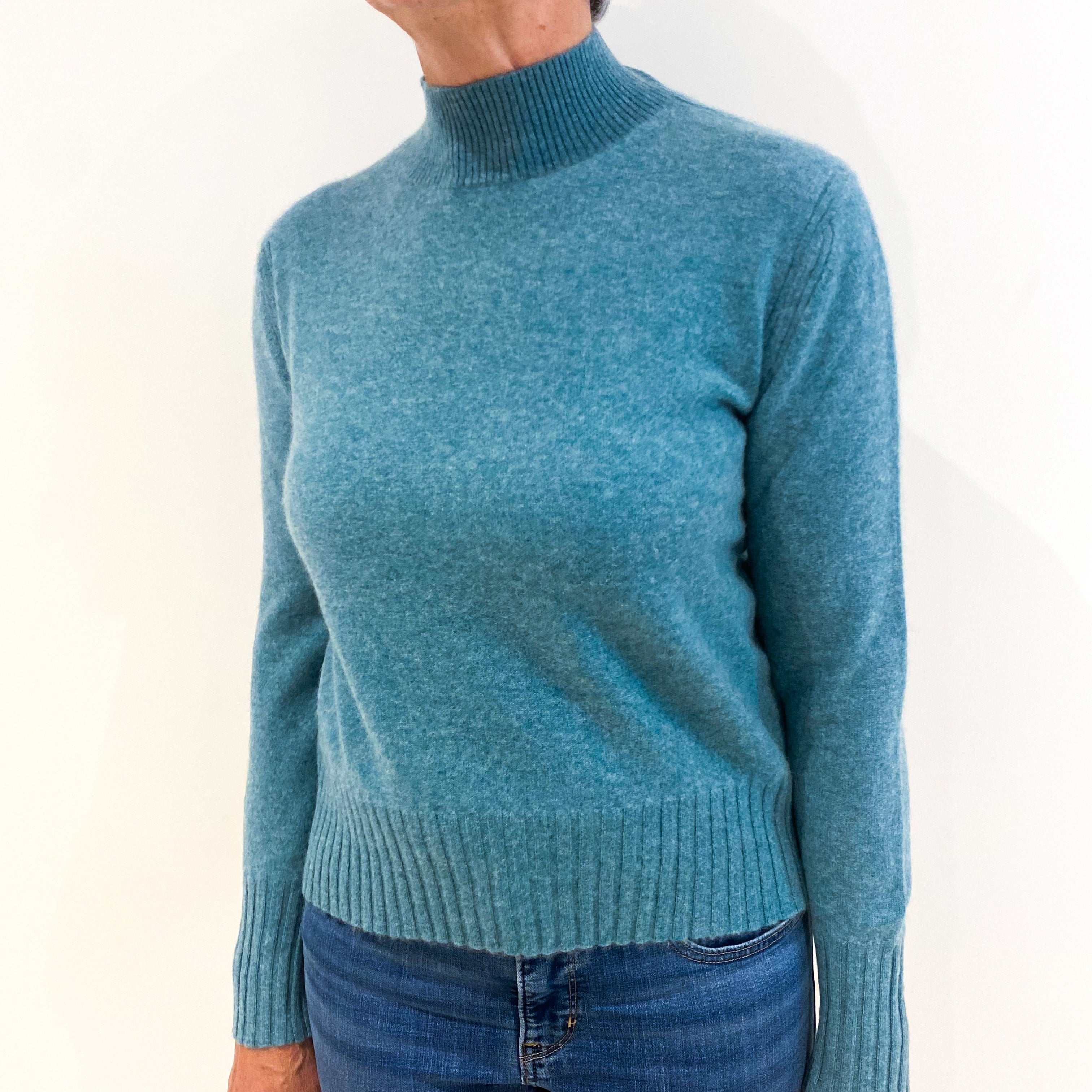 Teal Blue Cashmere Polo Neck Jumper Medium