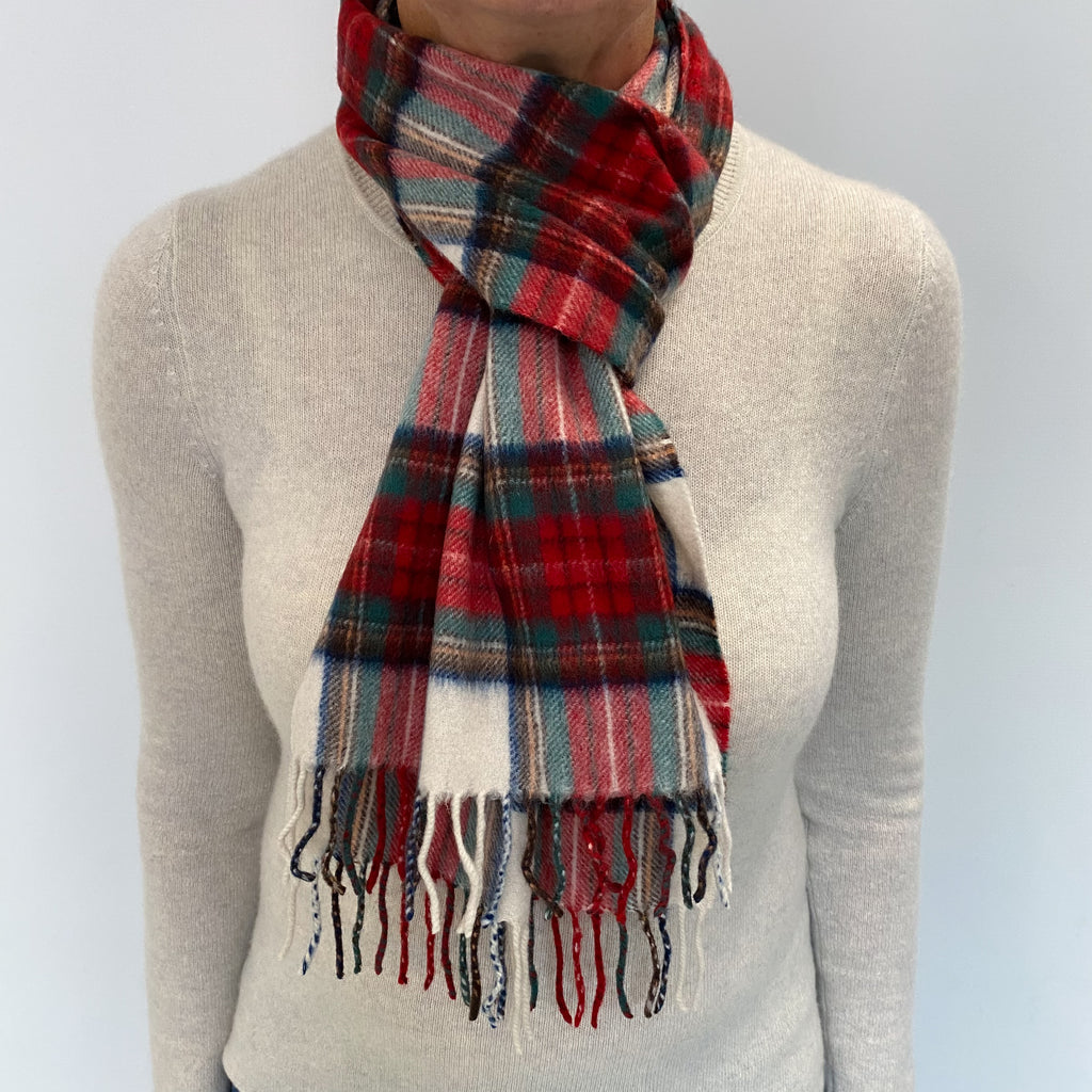 Red Green and Cream Checked Cashmere Woven Fringed Scarf