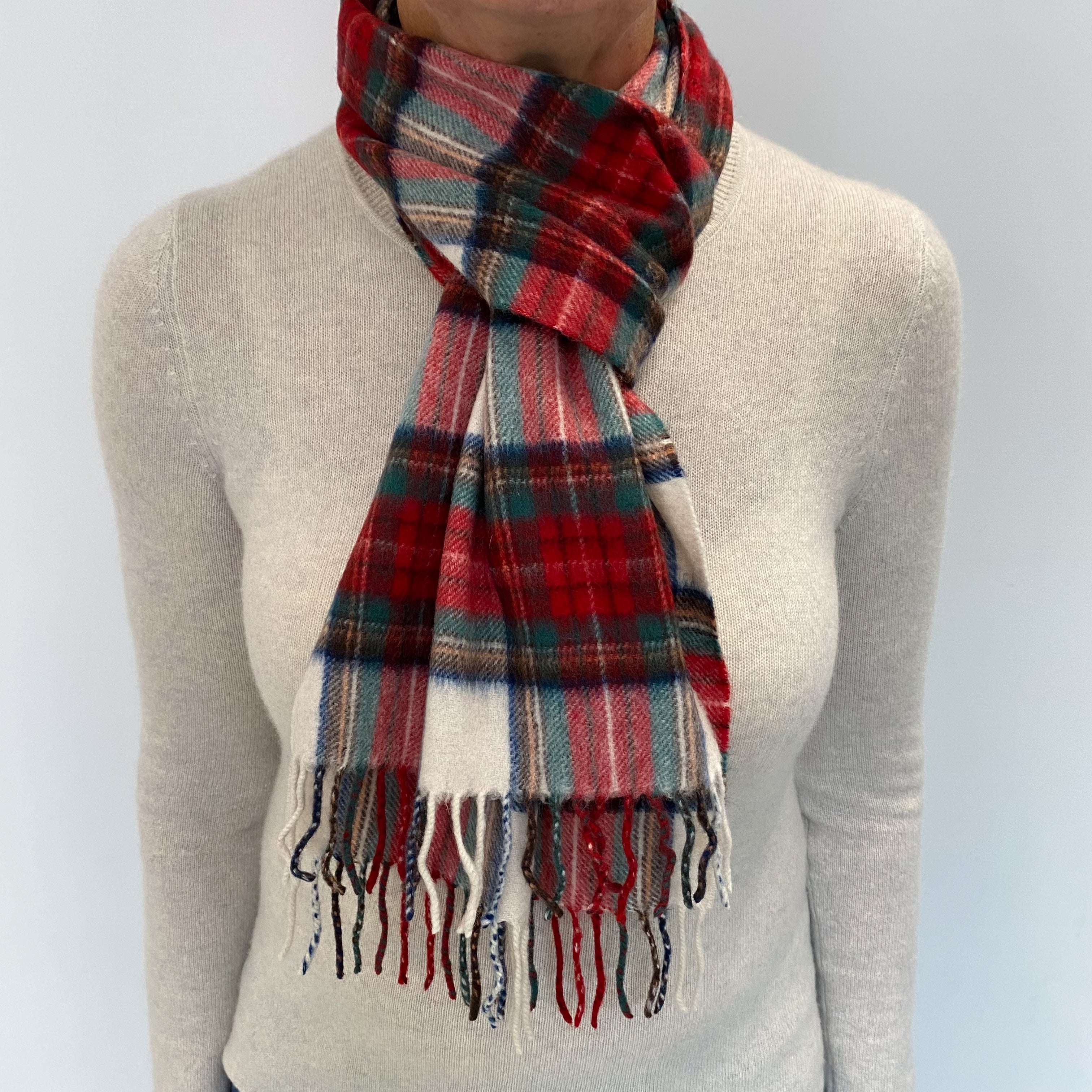 Red Green and Cream Checked Cashmere Woven Fringed Scarf
