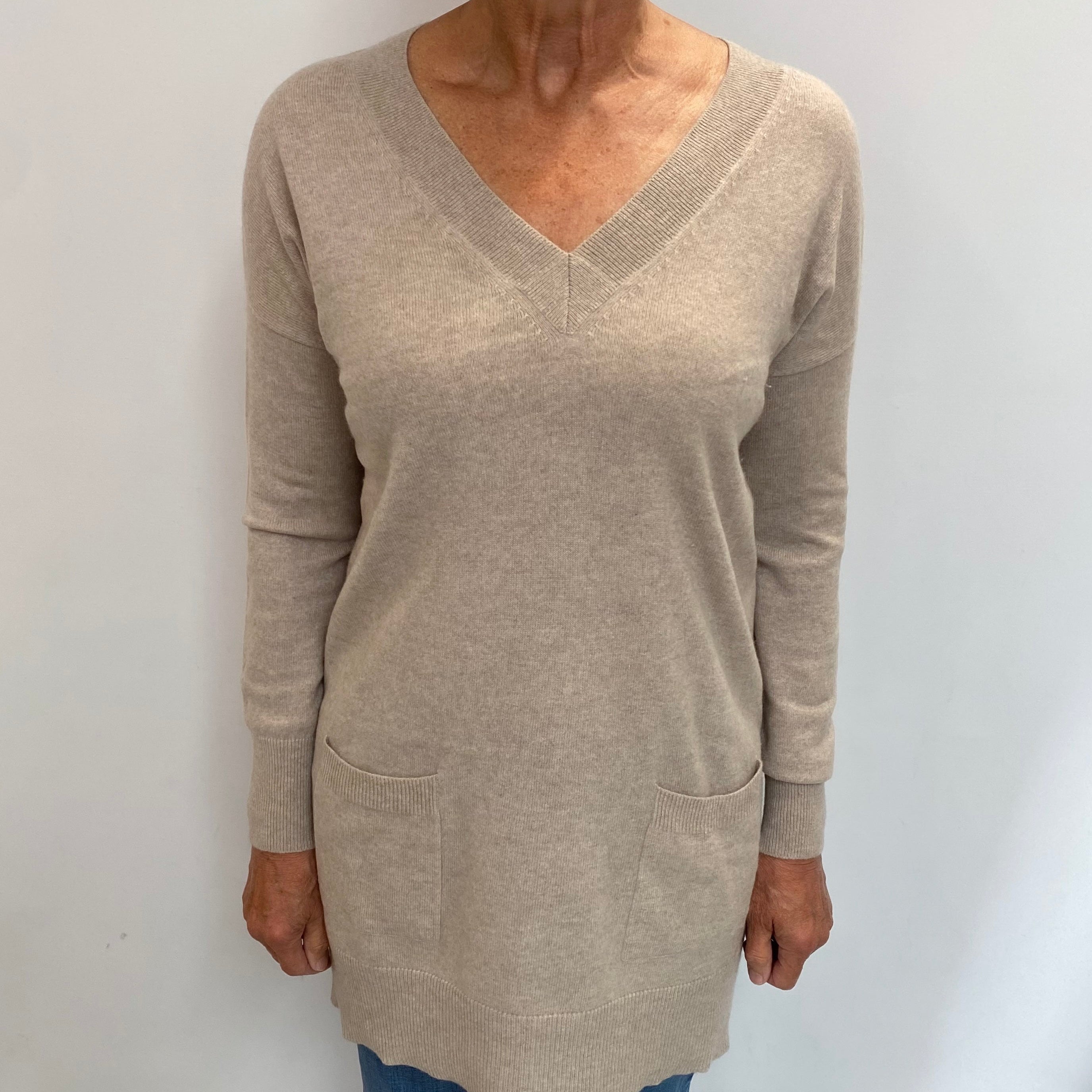Fawn Beige Cashmere V Neck Jumper Medium