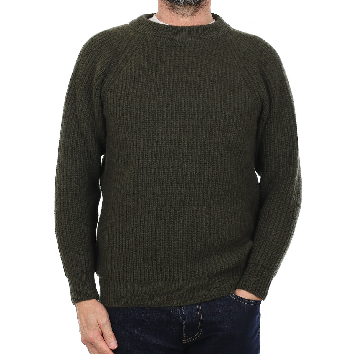 Men's Brand New Scottish Deep Khaki Chunky Cashmere Crew Neck Jumper Small