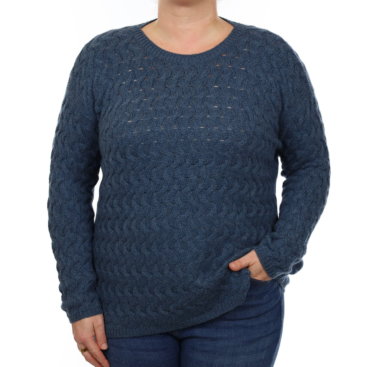Brand New Scottish Denim Blue Cable Cashmere Crew Neck Jumper Large