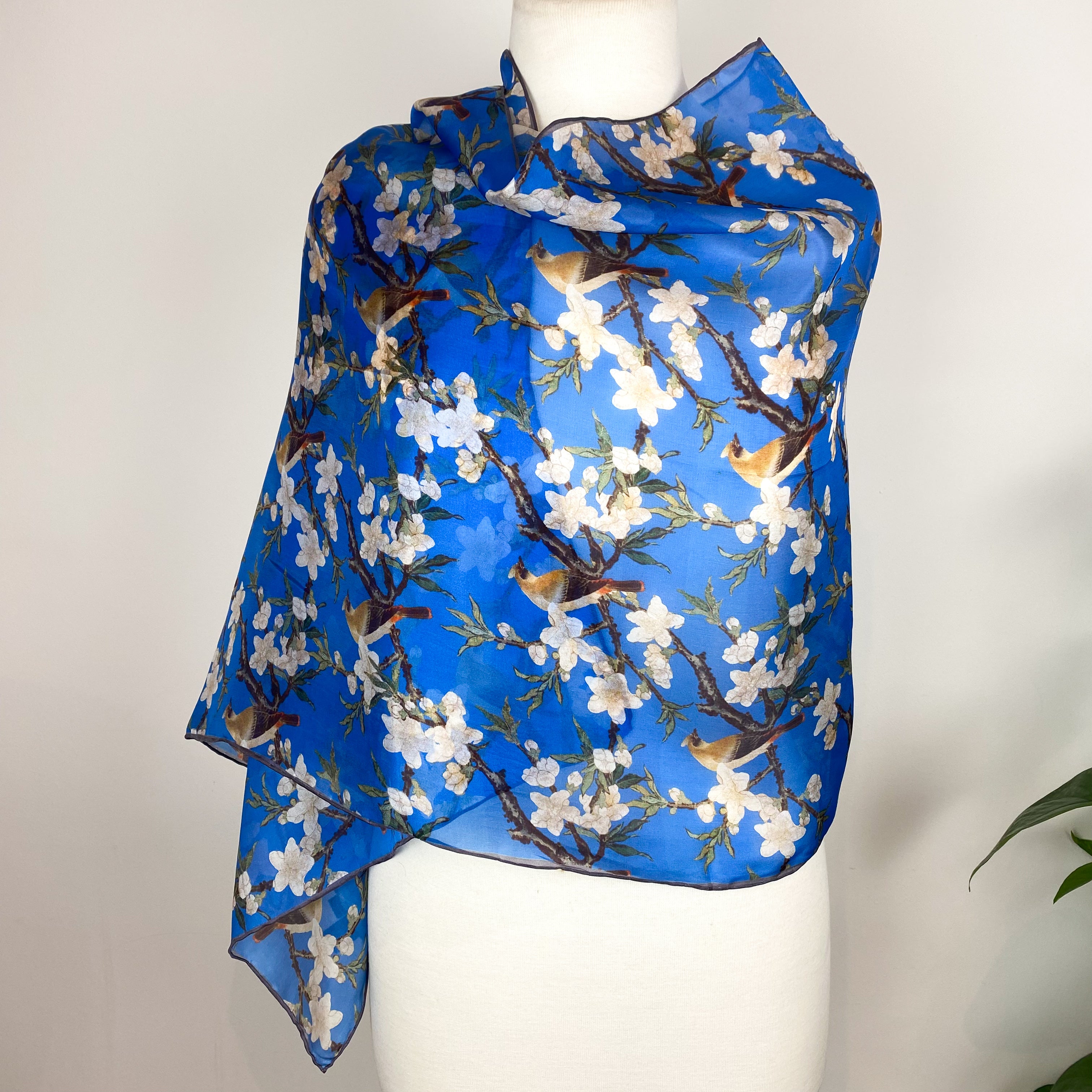 Blue Blossom Long Silk Scarf