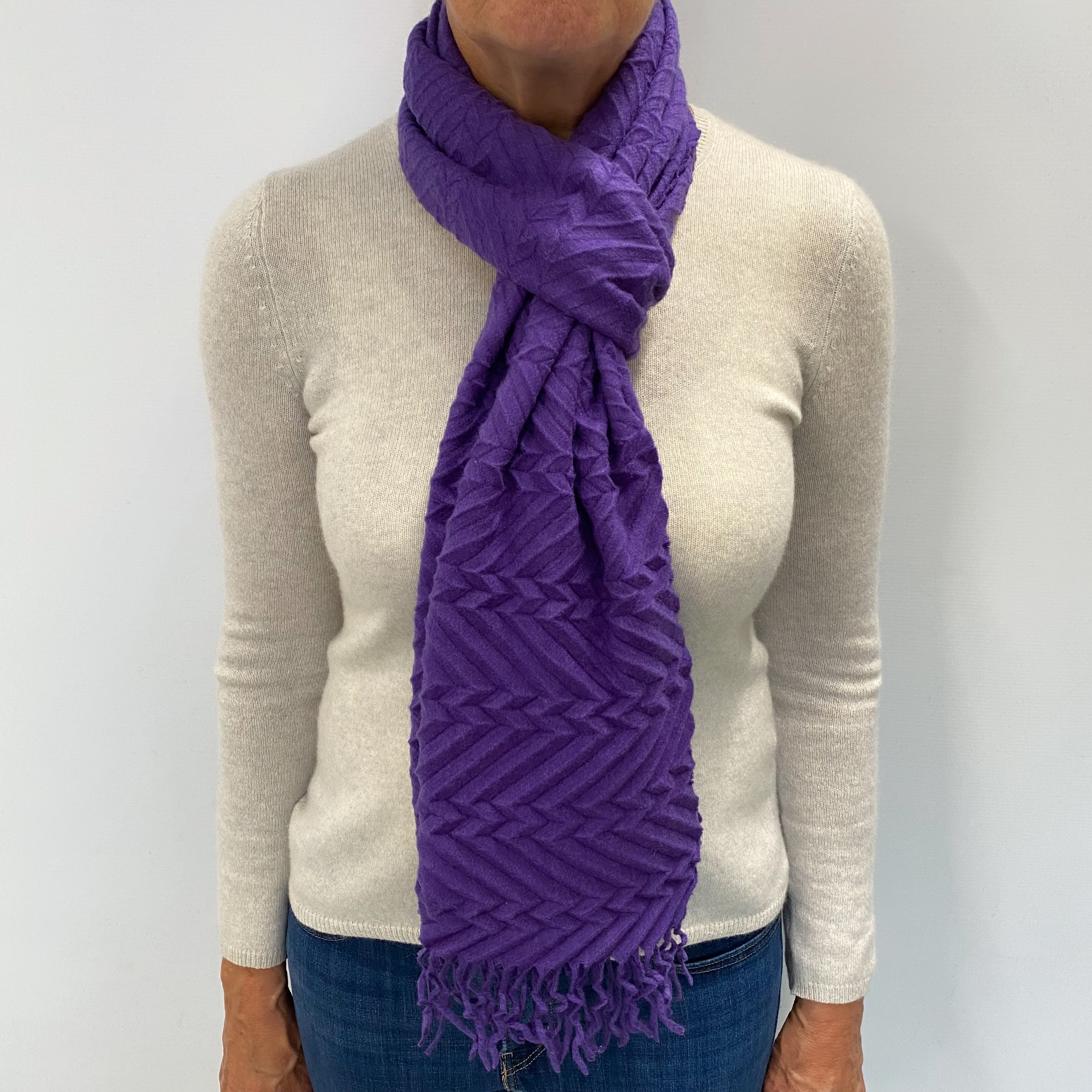 Pansy Purple Crimped Cashmere Woven Fringed Scarf