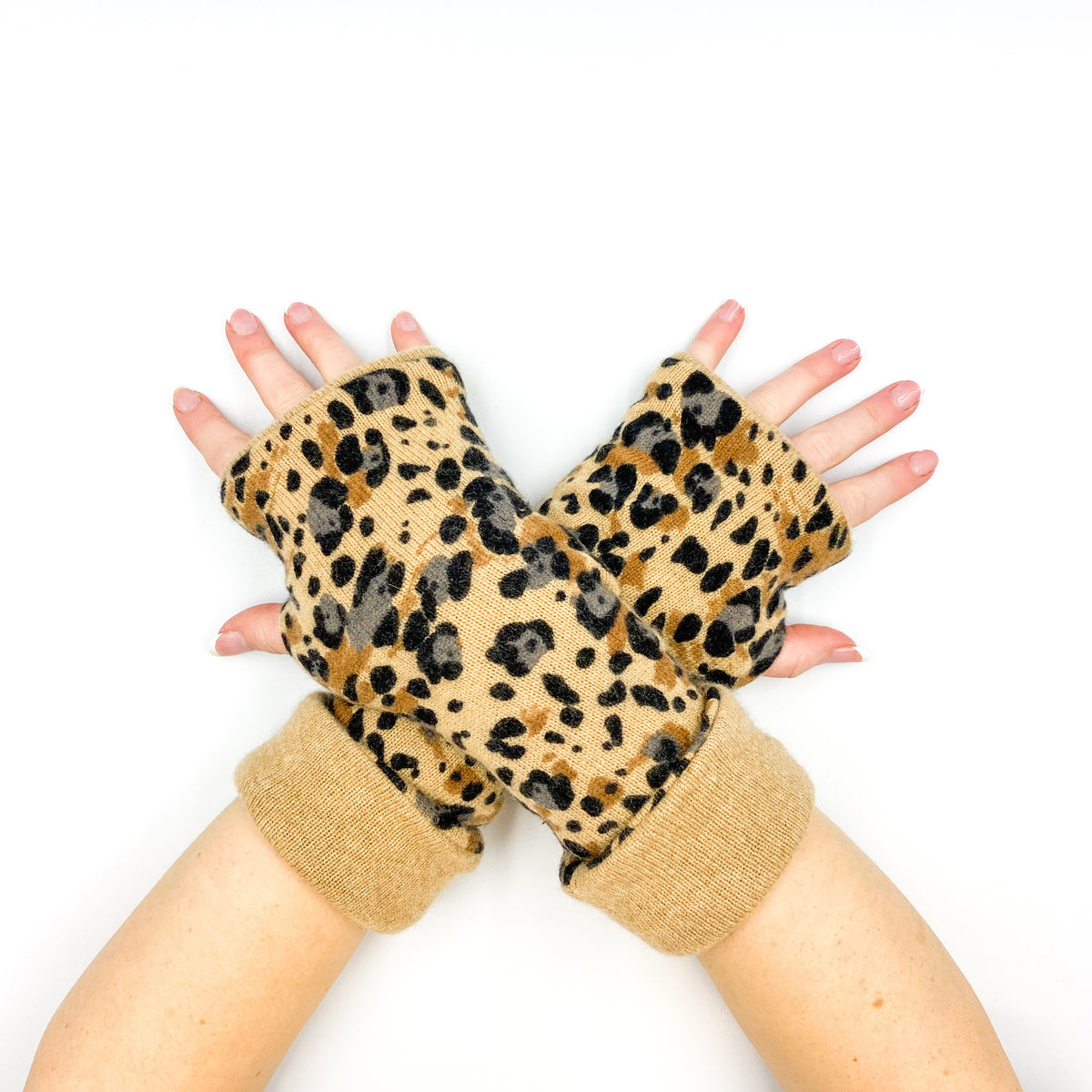 Camel and Leopard Print Reversible Cashmere Fingerless Gloves