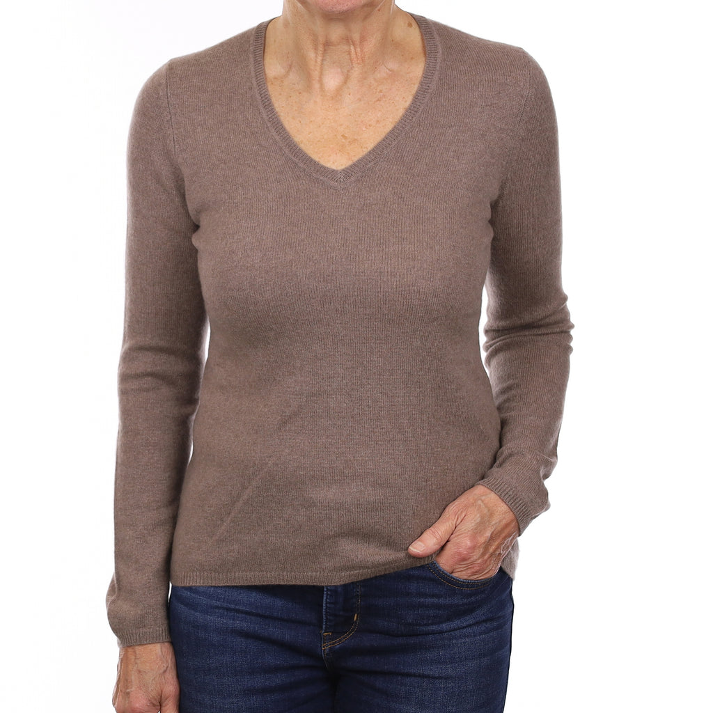 Mocha Brown Cashmere V Neck Jumper Medium