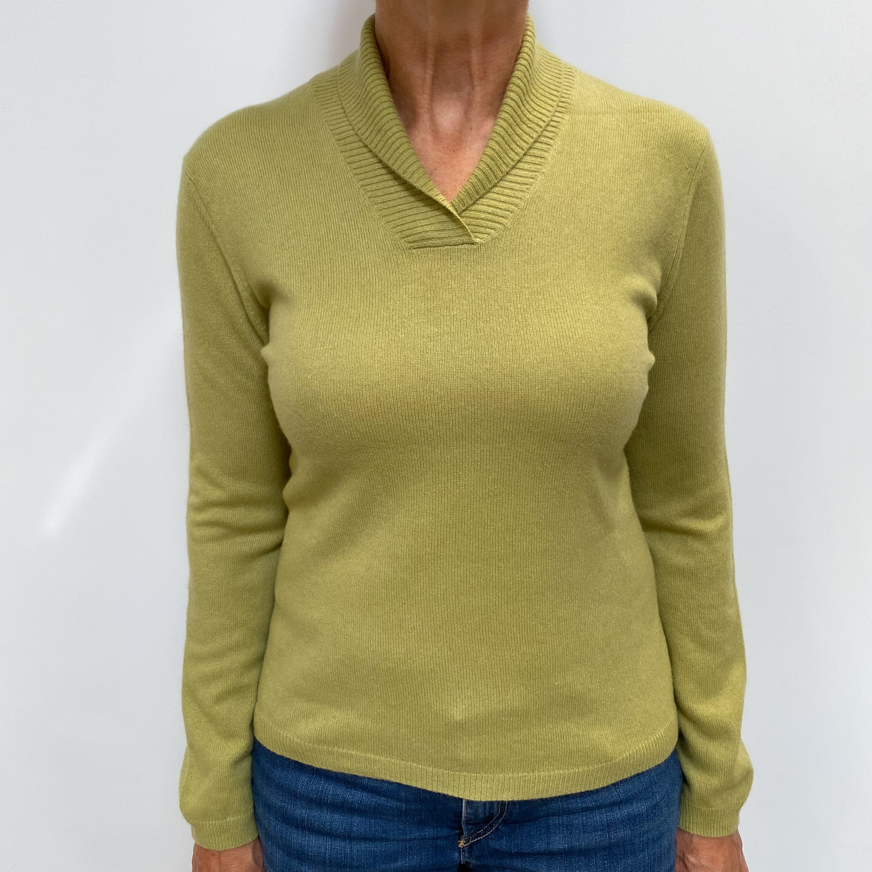 Pear Green Cashmere Shawl V Neck Jumper Medium