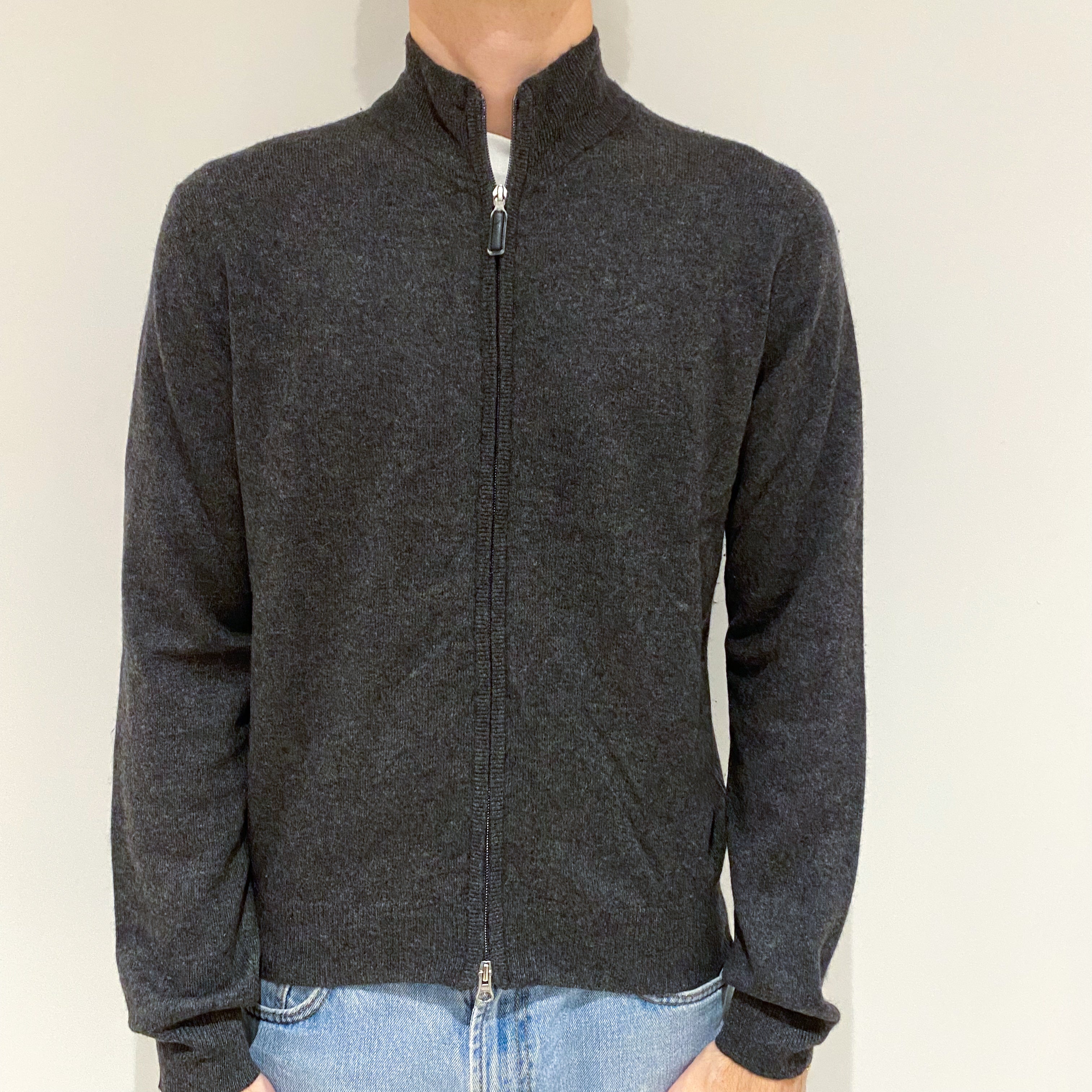 Men's Slate Grey Cashmere Zip Up Turtle Neck Cardigan Large