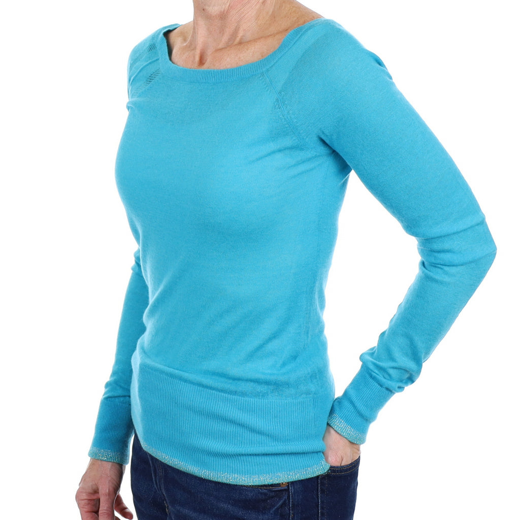 Aqua Blue Cashmere Wide Crew Neck Jumper Small