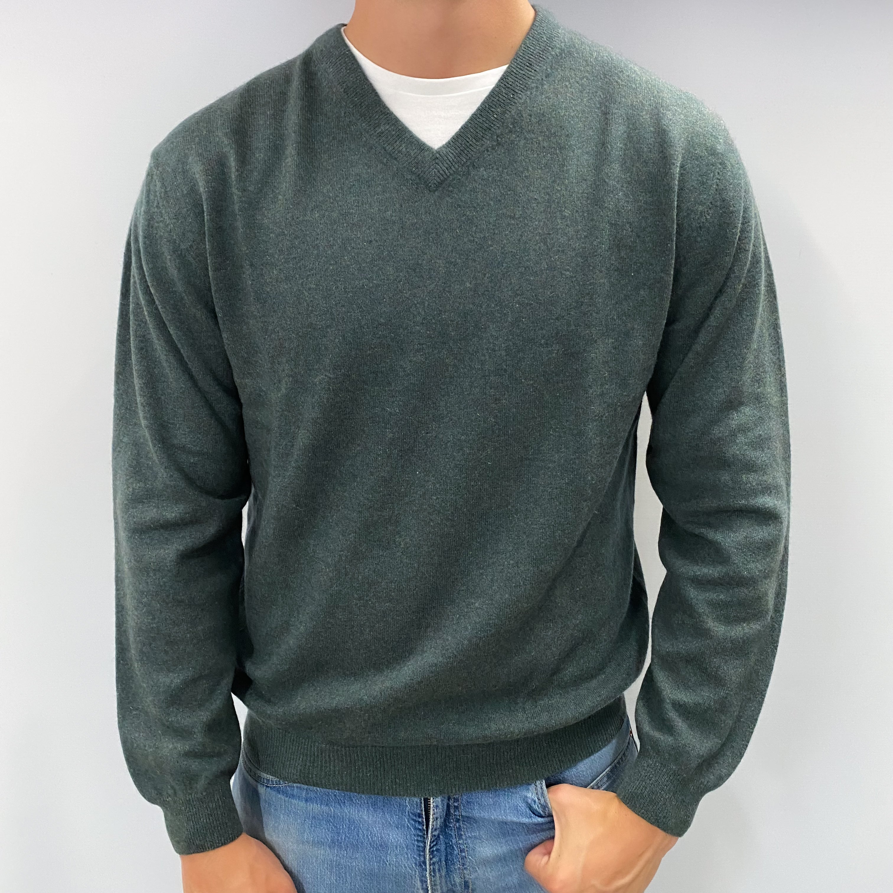 Men's Moss Green Marl Cashmere V Neck Jumper XL