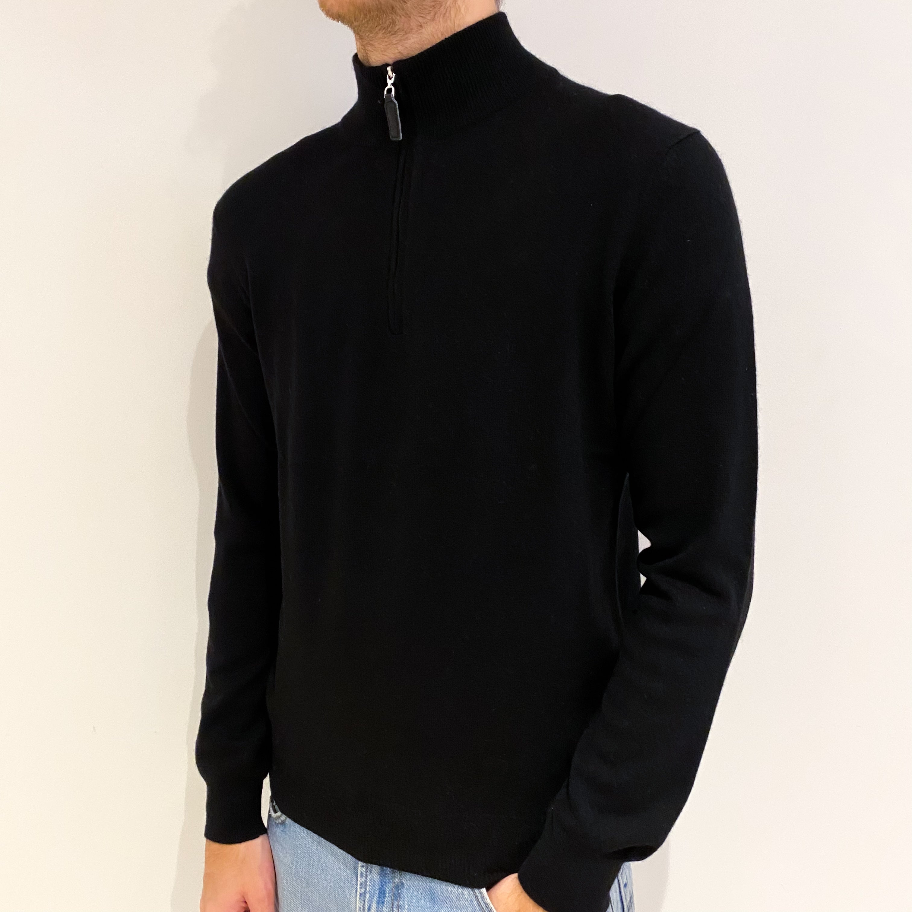 Men's Black Cashmere 1/4 Zip Neck Jumper Medium