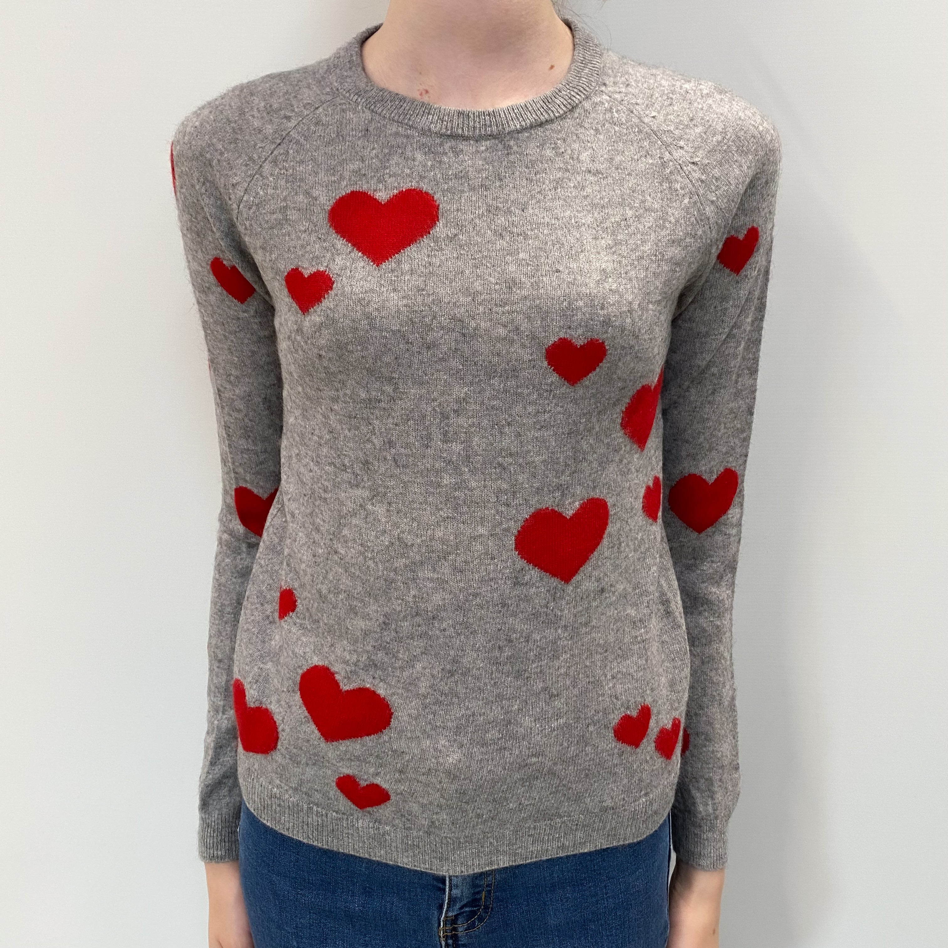 Grey Love Heart Cashmere Crew Neck Jumper Extra Small