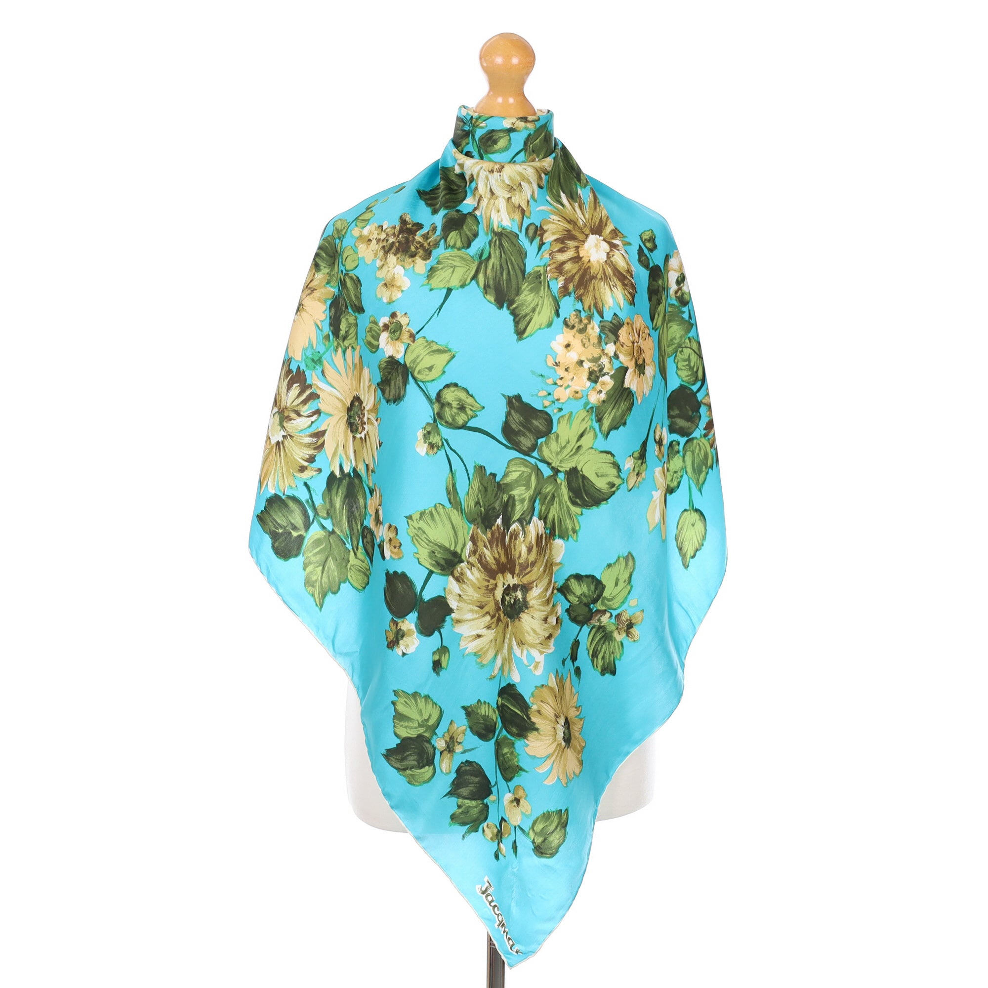 1960’s Jacqmar Turquoise Floral Vintage Silk Scarf