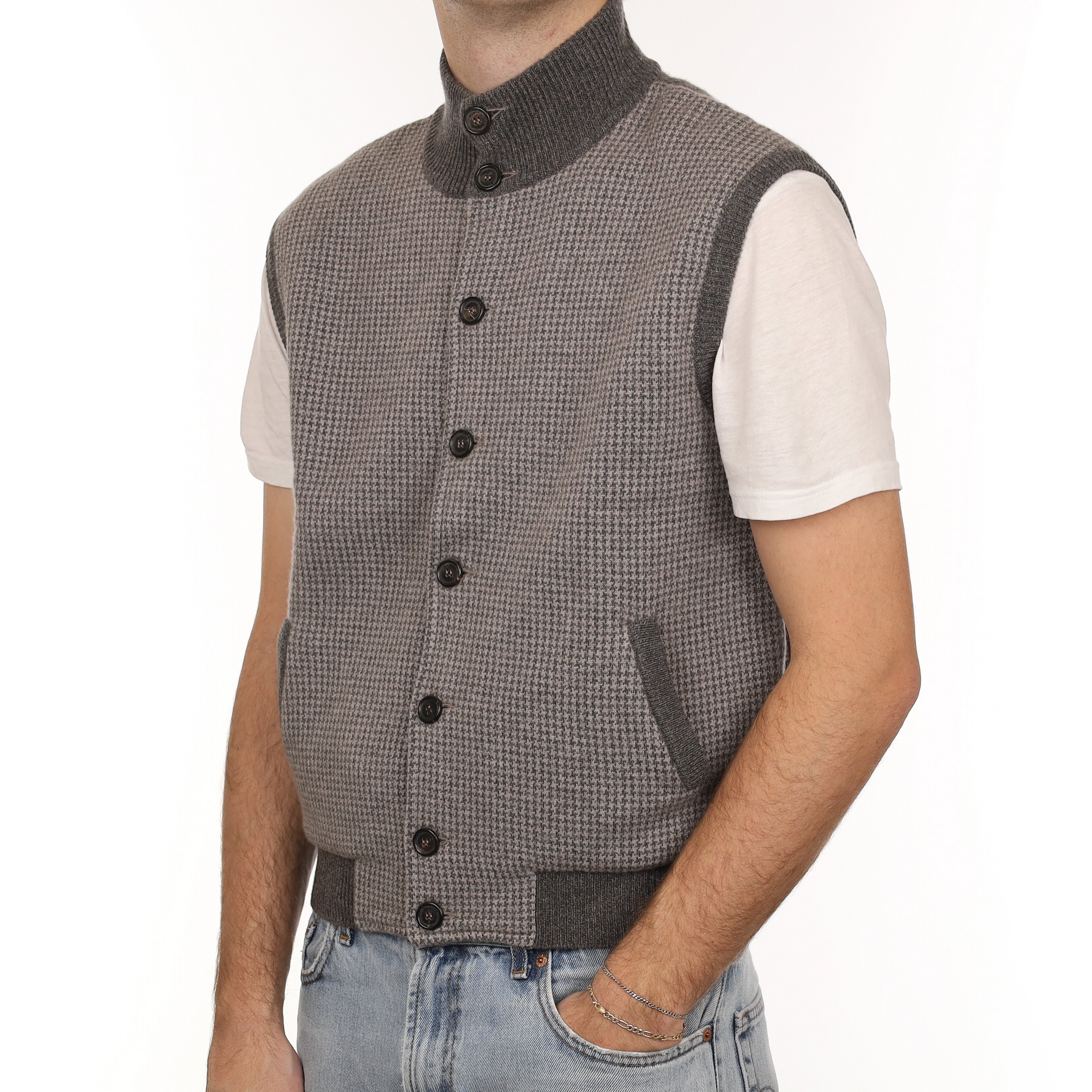 Men's Brand New Scottish Hawico Muted Brown Patterned Cashmere Gilet Medium