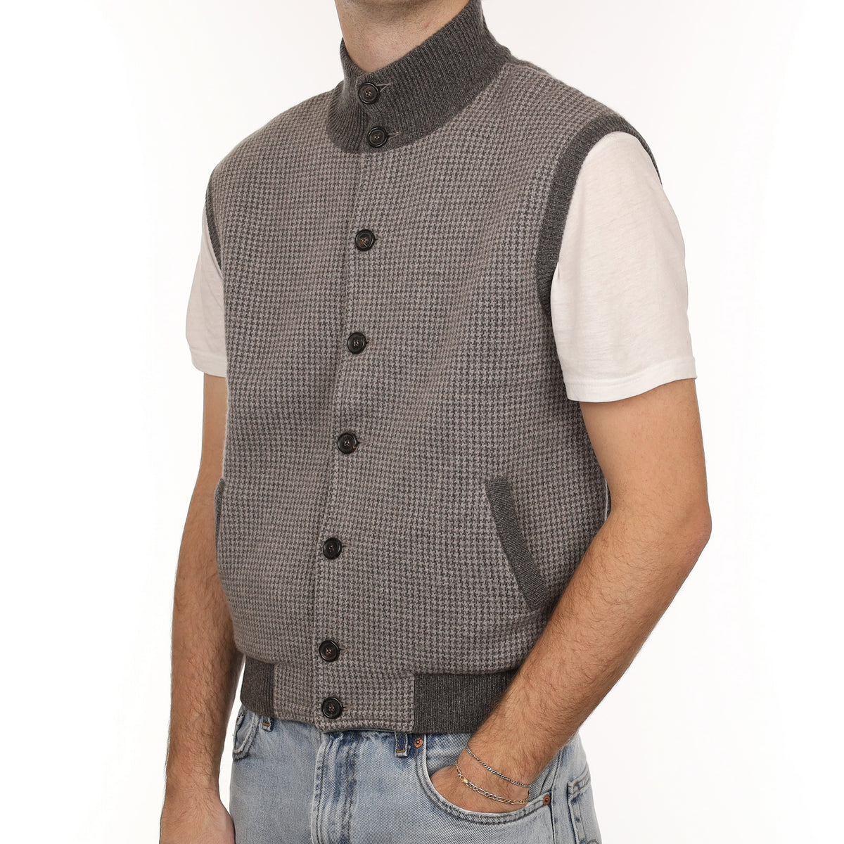 Men's Brand New Scottish Hawico Muted Brown Patterned Cashmere Gilet Medium
