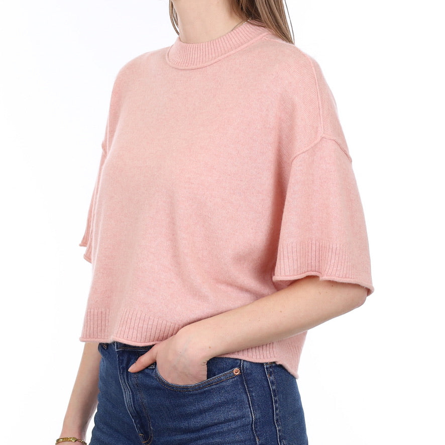 Blush Pink Marl Cashmere Slouchy Short Sleeve Crew Neck Jumper Small