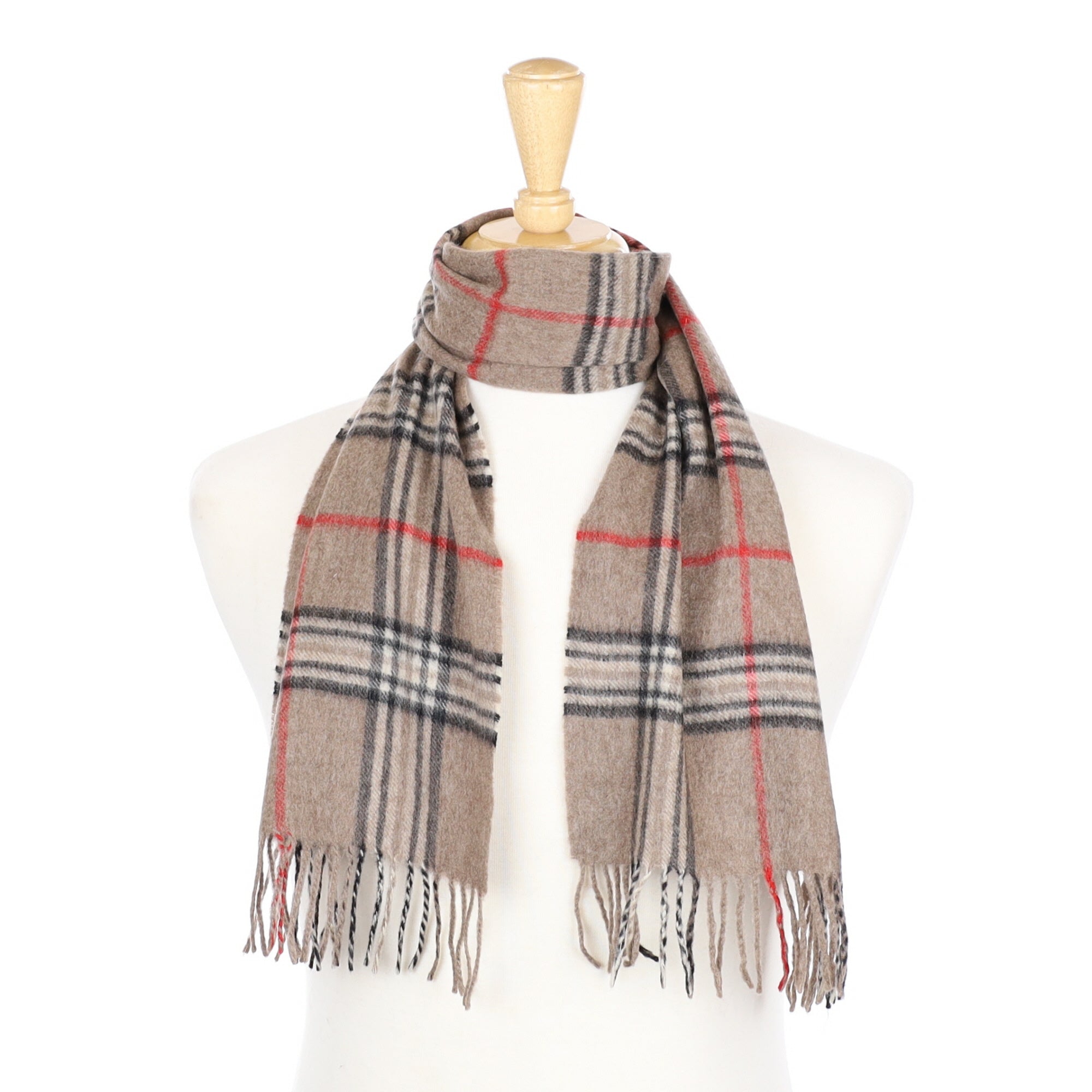 Taupe Brown Checked Cashmere Fringed Woven Scarf