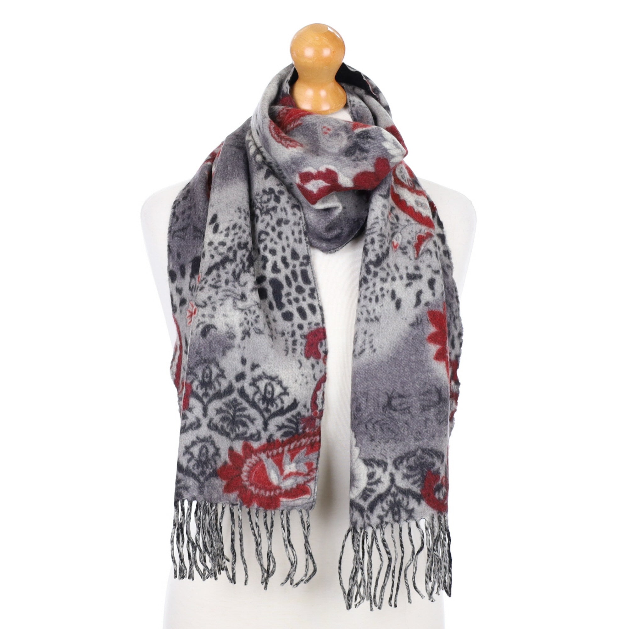 Grey and Red Paisley Fringed Cashmere Woven Scarf