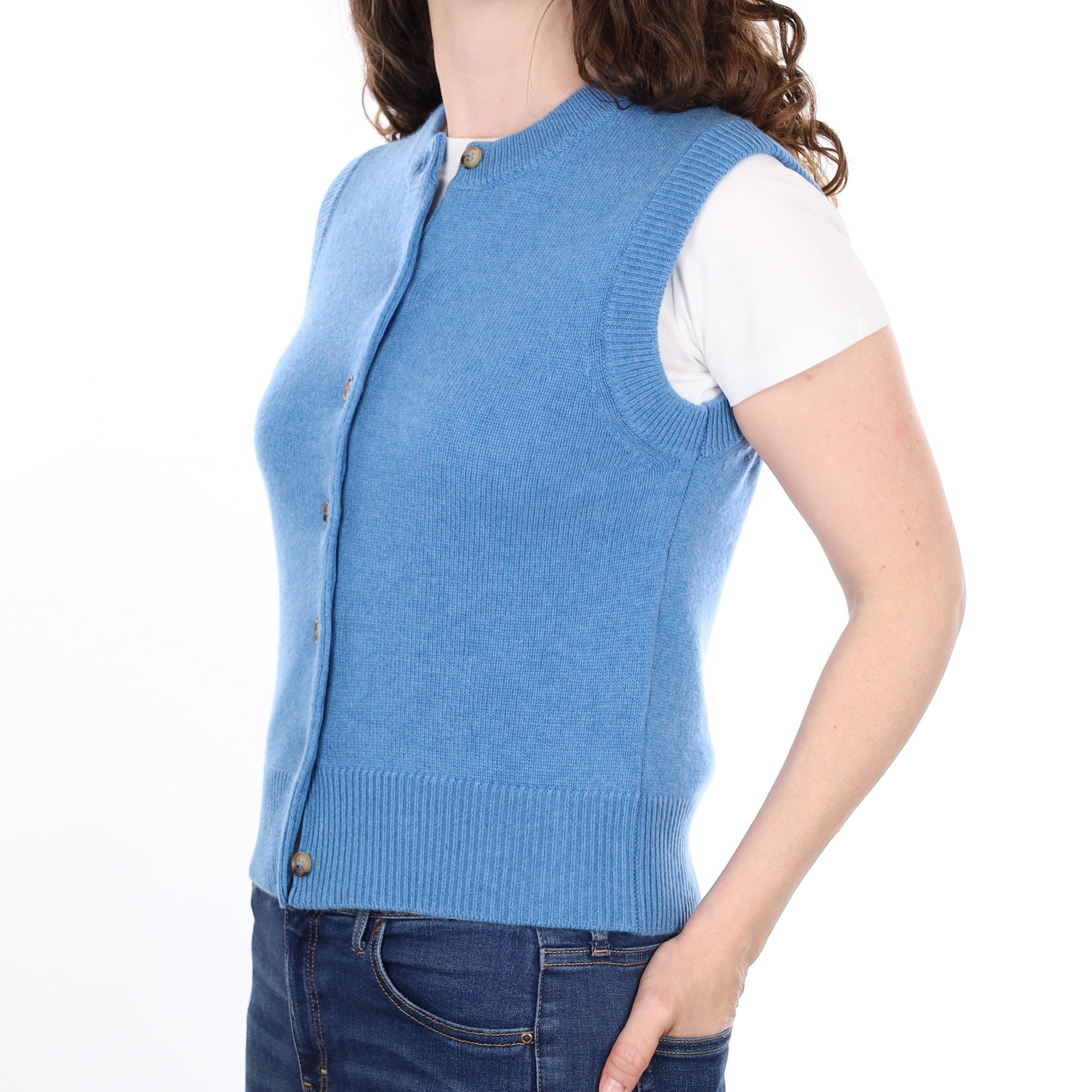 Brand New Mediterranean Blue Luxury Cashmere Crew Neck Waistcoat Small UK 8-10