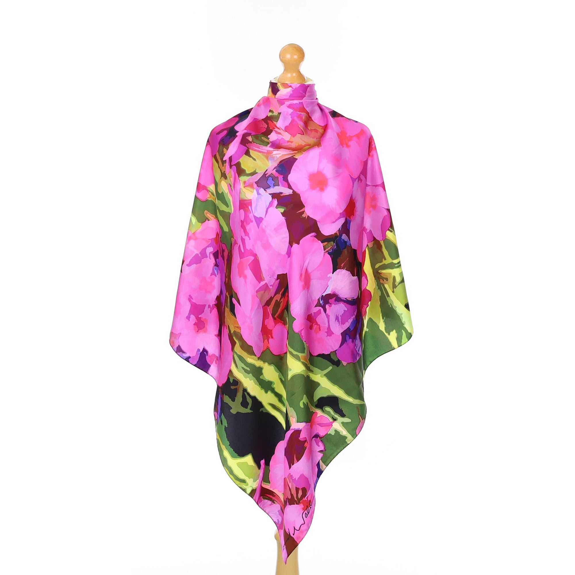 Bright Pink and Green Floral Silk Scarf