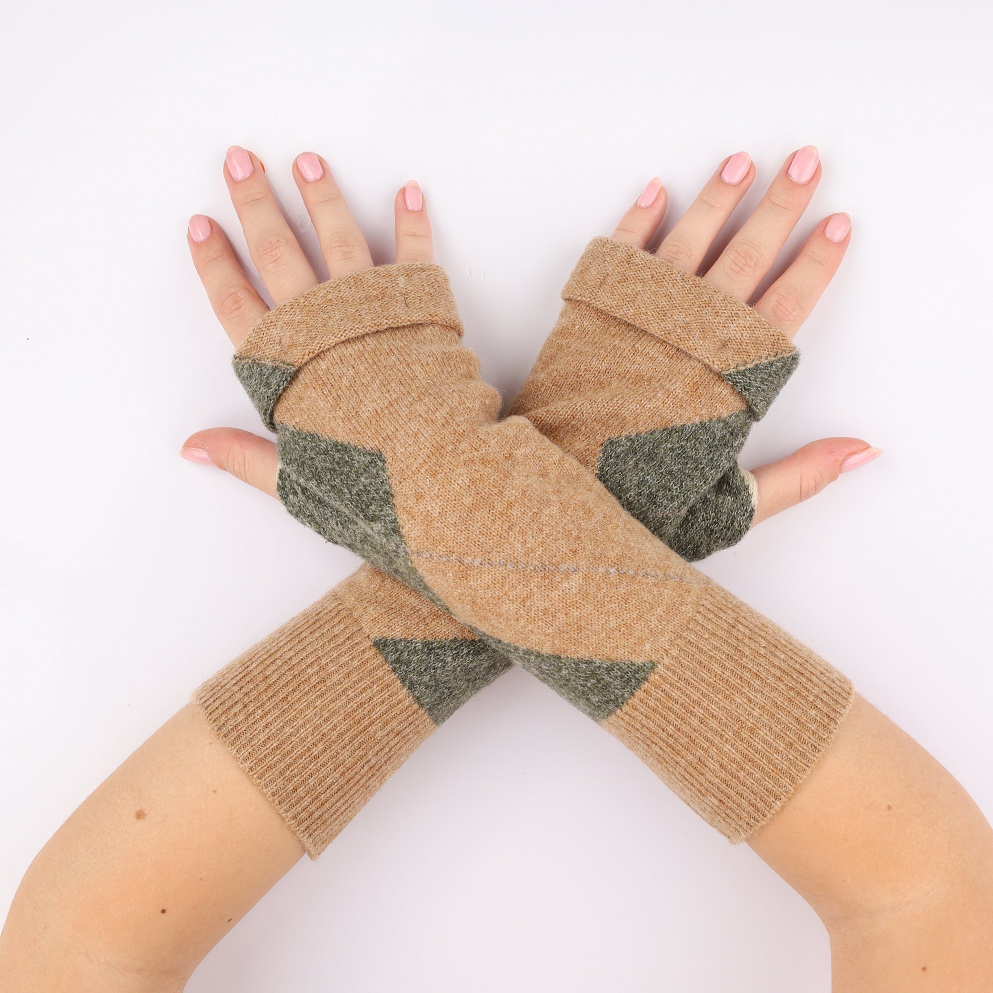 Camel and Khaki Diamond Patterned Fingerless Gloves