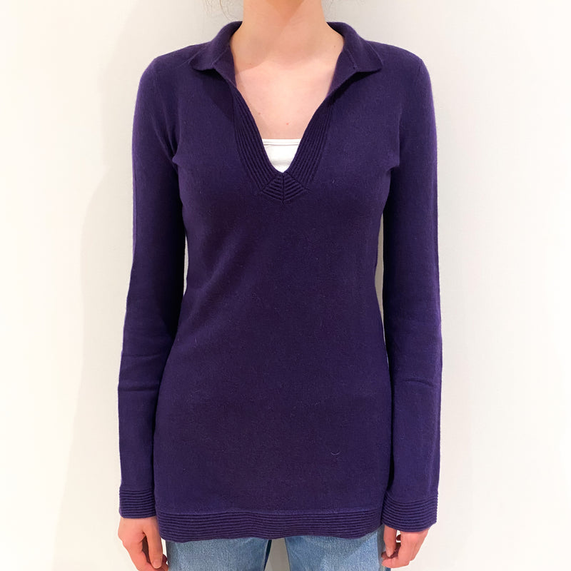Tory Burch Plum Purple Collared Cashmere V-Neck Jumper Extra Small