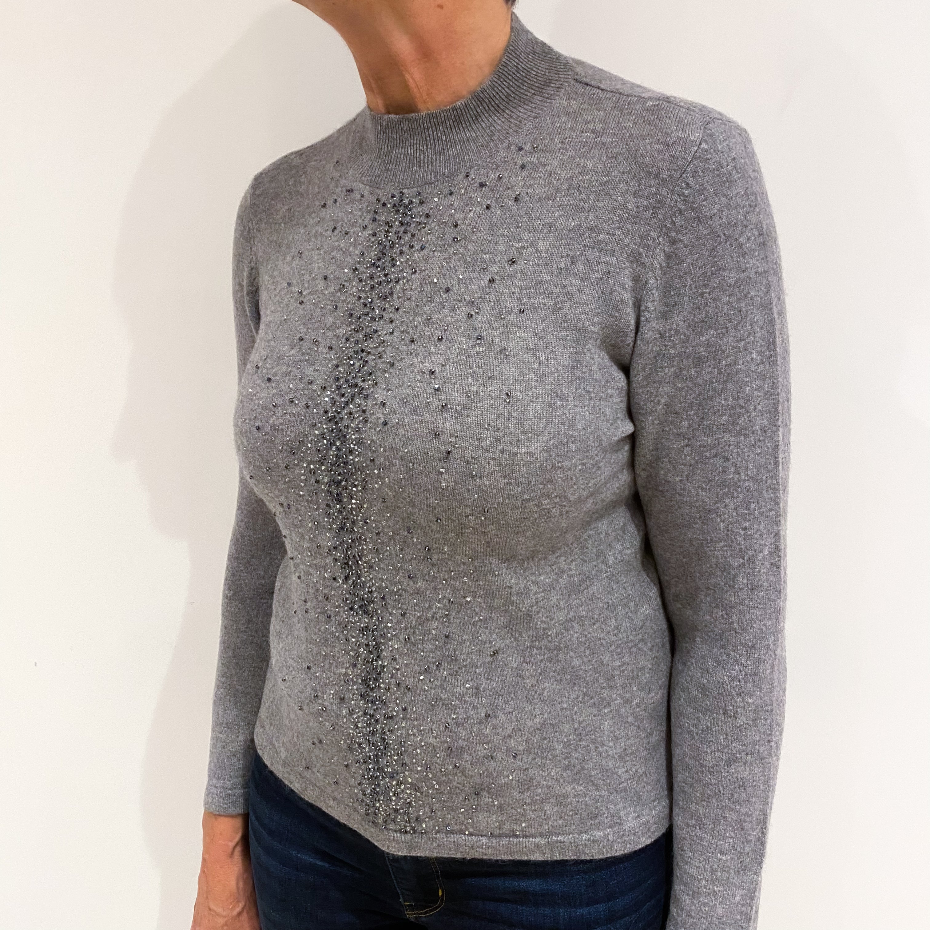 Ash Grey Embellished Cashmere Turtle Neck Jumper Medium