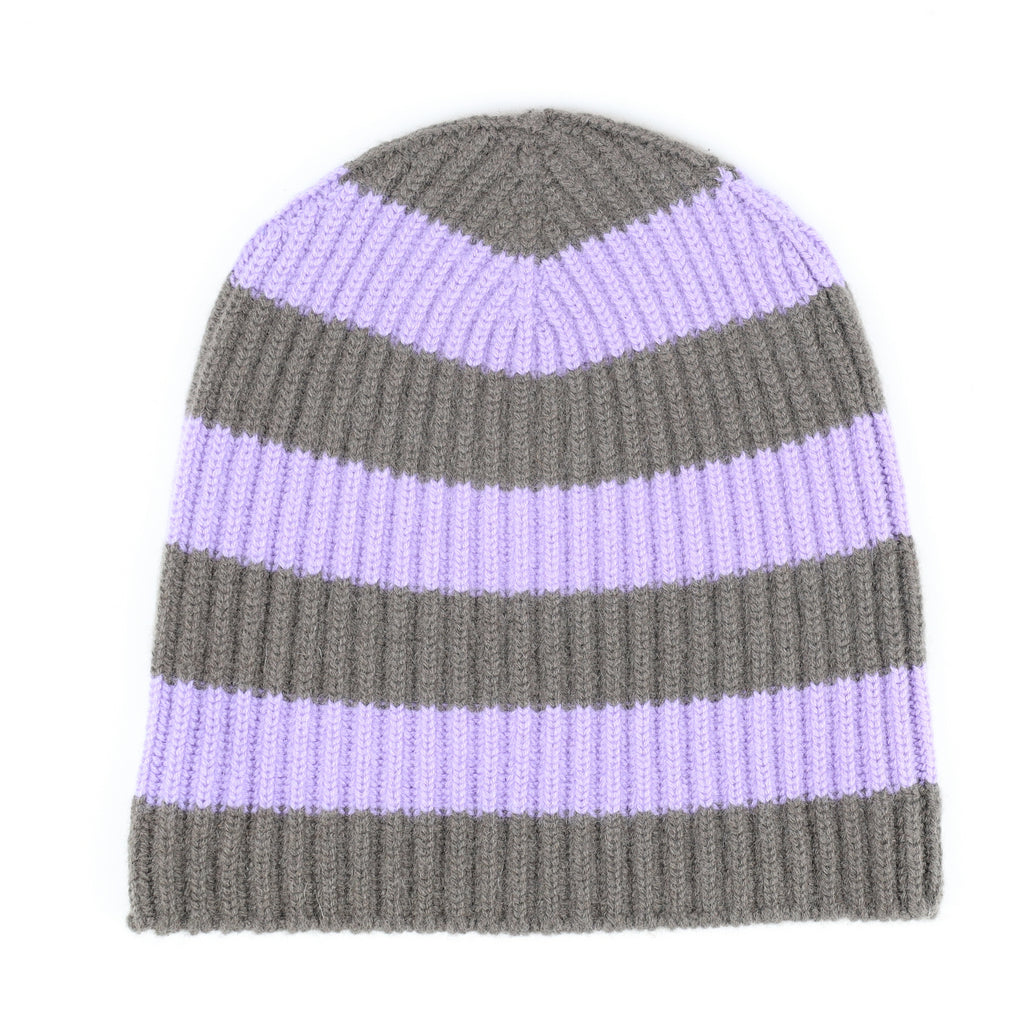 Scottish Lavender and Mocha Stripe Luxury Chunky Cashmere Beanie Hat