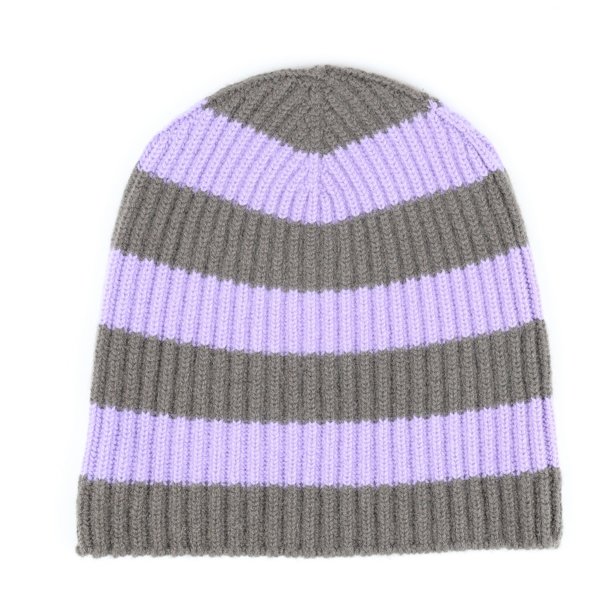 Scottish Lavender and Mocha Stripe Luxury Chunky Cashmere Beanie Hat