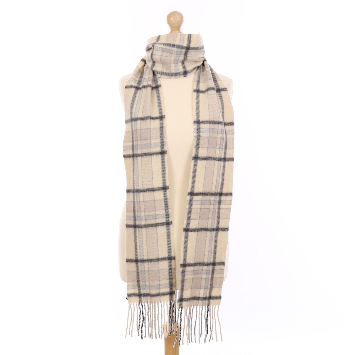 Vanilla and Charcoal Grey Plaid Cashmere Woven Scarf