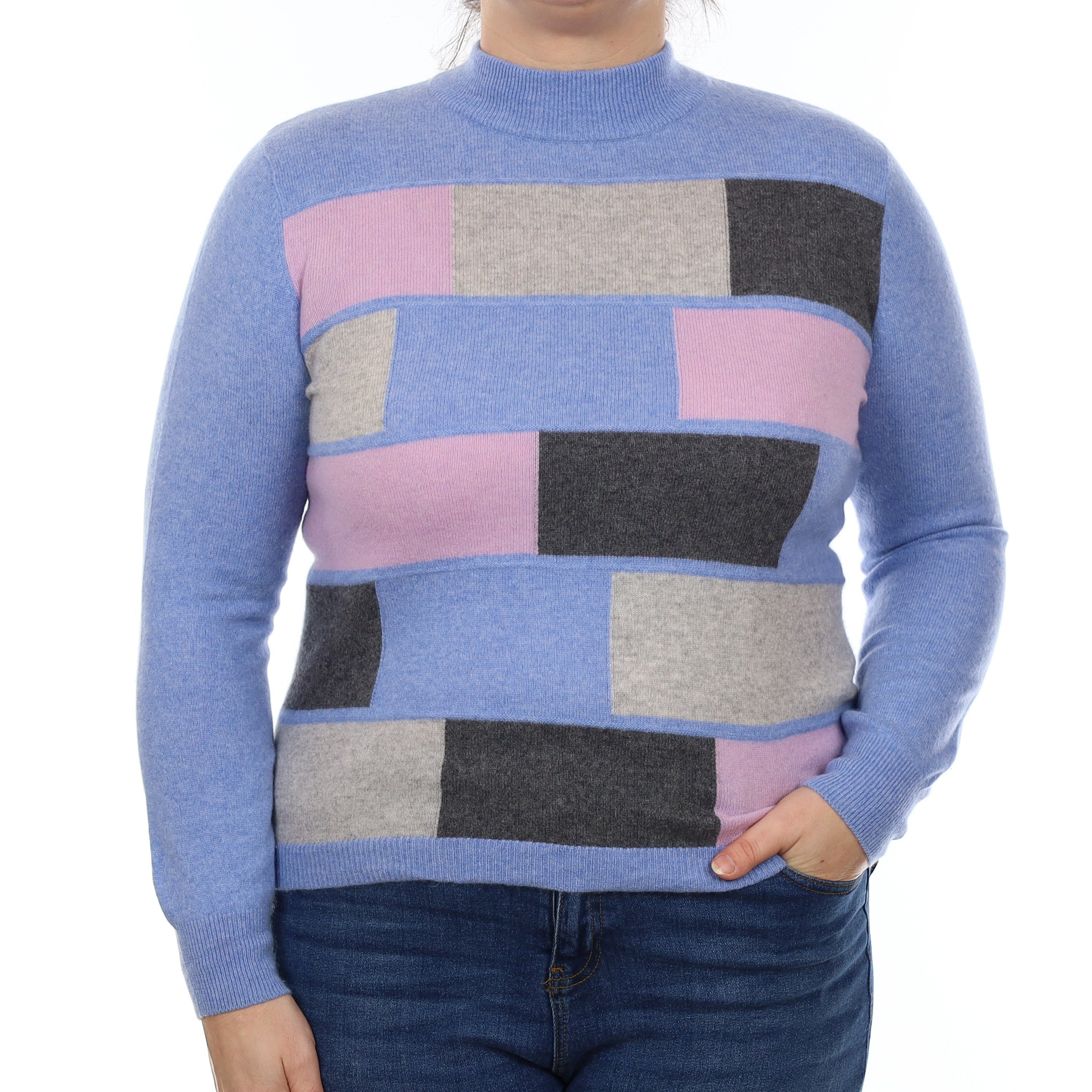 Blue And Lilac Colour Block Cashmere Turtle Neck Jumper Large