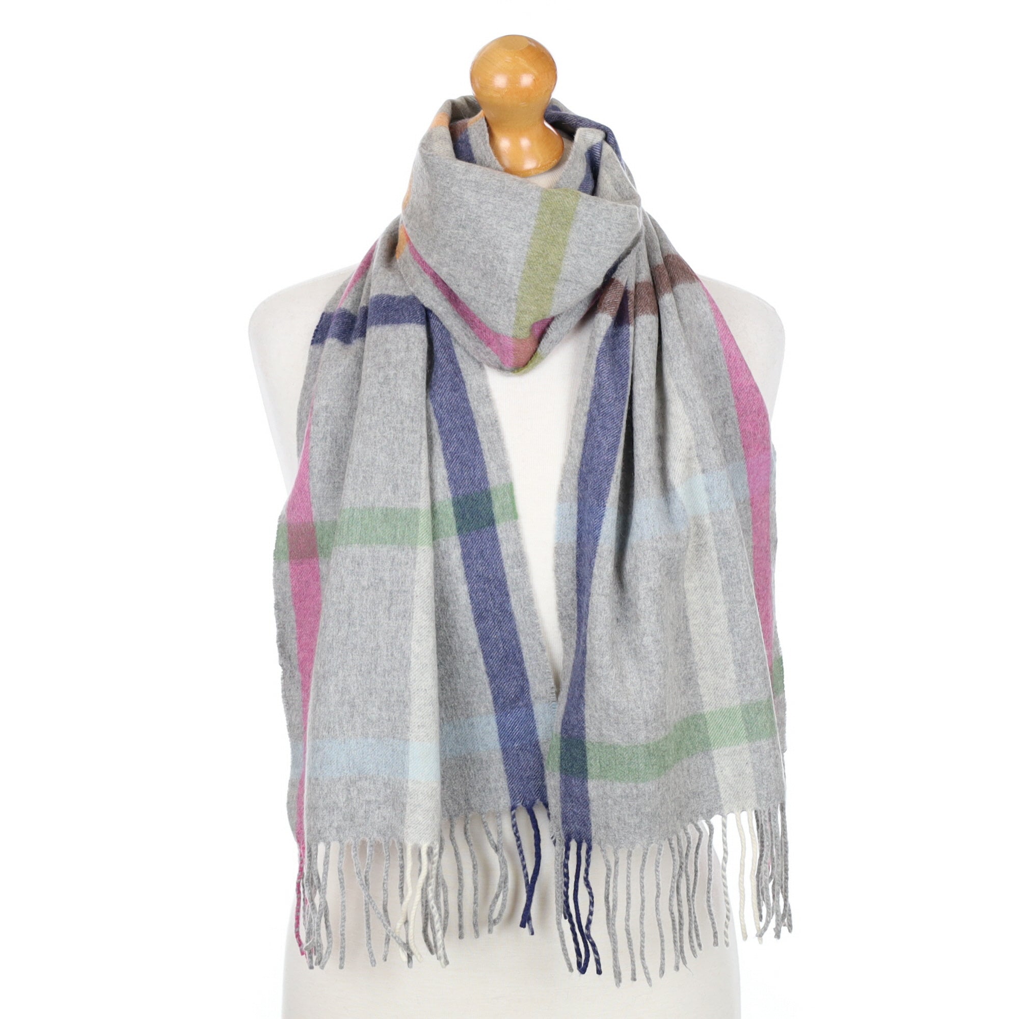 Grey and Pastel Checked Fringed Cashmere Woven Scarf